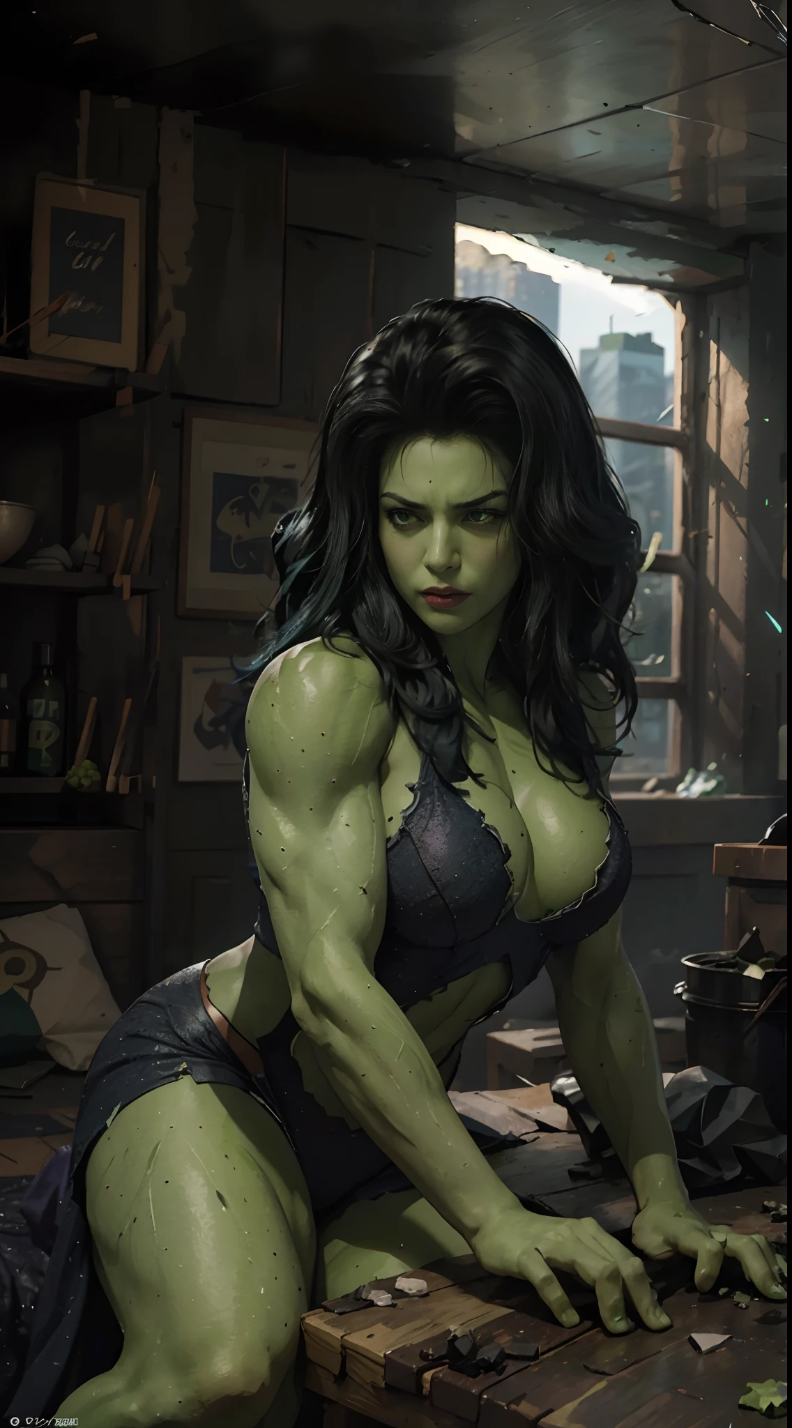 best quality,4k,8k,highres,masterpiece:1.2,ultra-detailed,(realistic,photorealistic,photo-realistic:1.37),beautiful detailed eyes,beautiful detailed lips,extremely detailed eyes and face,longeyelashes,1girl, full body shot, Jennifer Connelly as HULK, green body skin,green costume, fierce expression, (growling), angry face, strong muscular build, super muscular, defined muscles, black hair, Marvel superheroine,emerald hue,glowing green eyes,smashing through walls,super strength,city skyline,hulk transformation,crumbling debris,epic battle,shattered glass,flying debris,studio lighting,colorful comic book style,superhero action,shadow and light interplay,contrasting colors,emotive art style