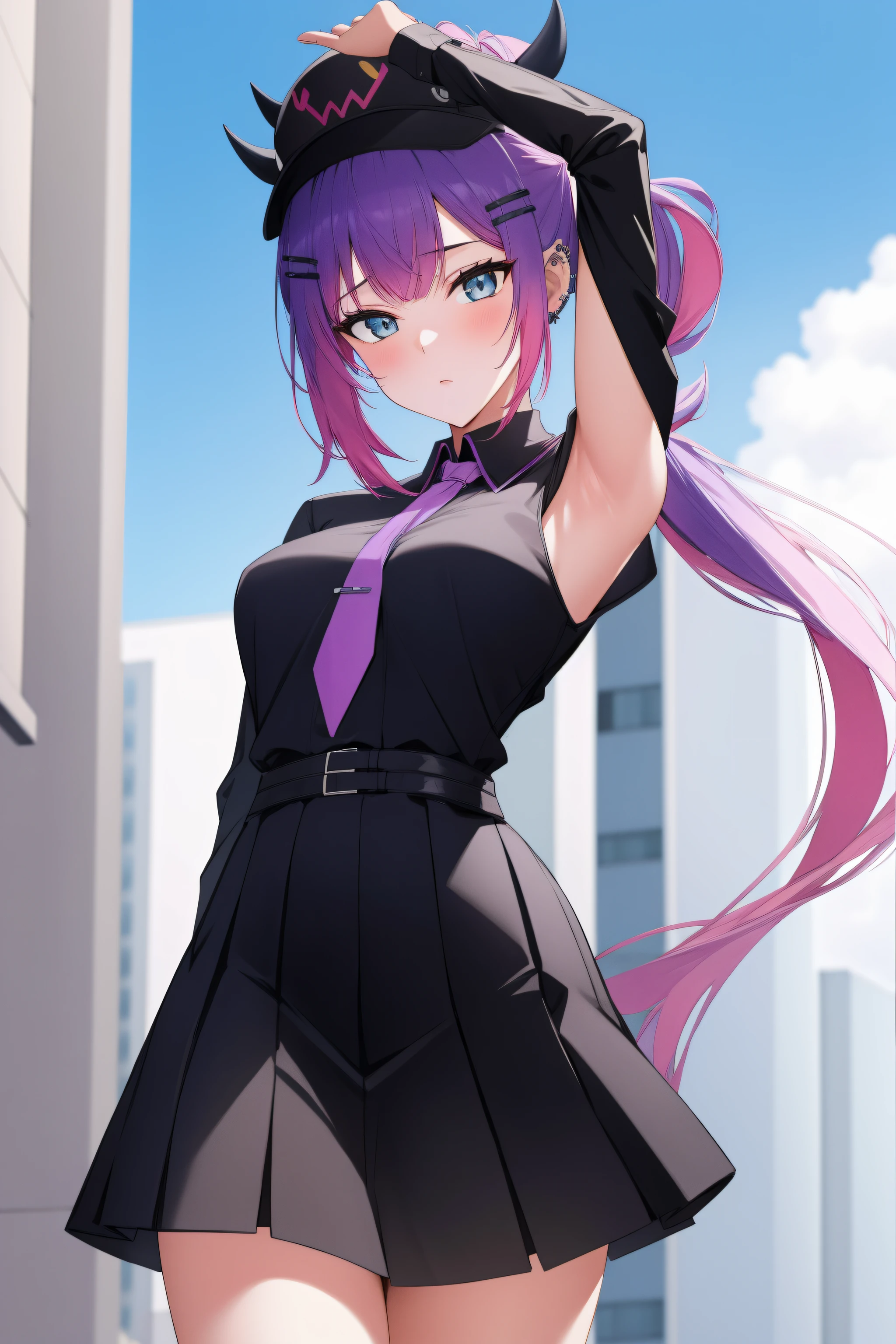 (day:1.7), sky background,a blue sky and clouds,
standing at attention,armpits,arm up,
purple necktie, black shirt, collared shirt, long sleeves, black skirt, plaid skirt,
aatowa, long hair, twintails, black headwear, baseball cap, fake horns, hairclip, piercing, demon tail,
1 girl, 20yo,young female,Beautiful Finger,Beautiful long legs,Beautiful body,Beautiful Nose,Beautiful character design, perfect eyes, perfect face,
looking at viewer, (innocent_big_eyes:1.0),(expressionless:1.3),
NSFW,official art,extremely detailed CG unity 8k wallpaper, perfect lighting,Colorful, Bright_Front_face_Lighting,
(masterpiece:1.0),(best_quality:1.0), ultra high res,4K,ultra-detailed,
photography, 8K, HDR, highres, absurdres:1.2, Kodak portra 400, film grain, blurry background, bokeh:1.2, lens flare, (vibrant_color:1.2)
(Beautiful,medium_Breasts:1.4), (beautiful_face:1.5),(narrow_waist),(perfect hands, perfect anatomy),