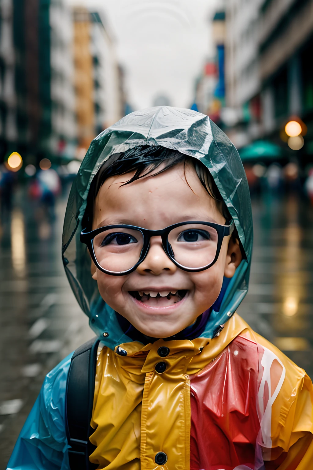 Happy 3--old wearing glasses and a raincoat, in a rainy city, with a heavily blurred background.