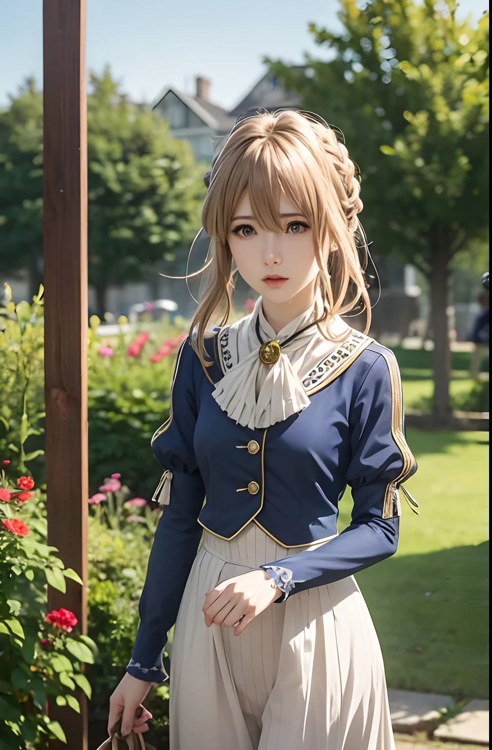 Violet Evergarden,masutepiece, Best Quality, 1girl in, Solo, Blonde hair, Blue eyes, hair between eye, Looking at Viewer, bow ribbon, Red Ribbon, braid, Hair Ribbon, Jacket, Blue jacket, Jewelry, Bangs, Outdoors, brooches, Hair intake, Anime coloring, ascot, Blurry background, Blurry, White Ascot, tree, Closed mouth, Portrait, Dayglass、extremely details CG, ( Perfect Anatomy),living、extremely details CG, ( Perfect Anatomy),A sense of life