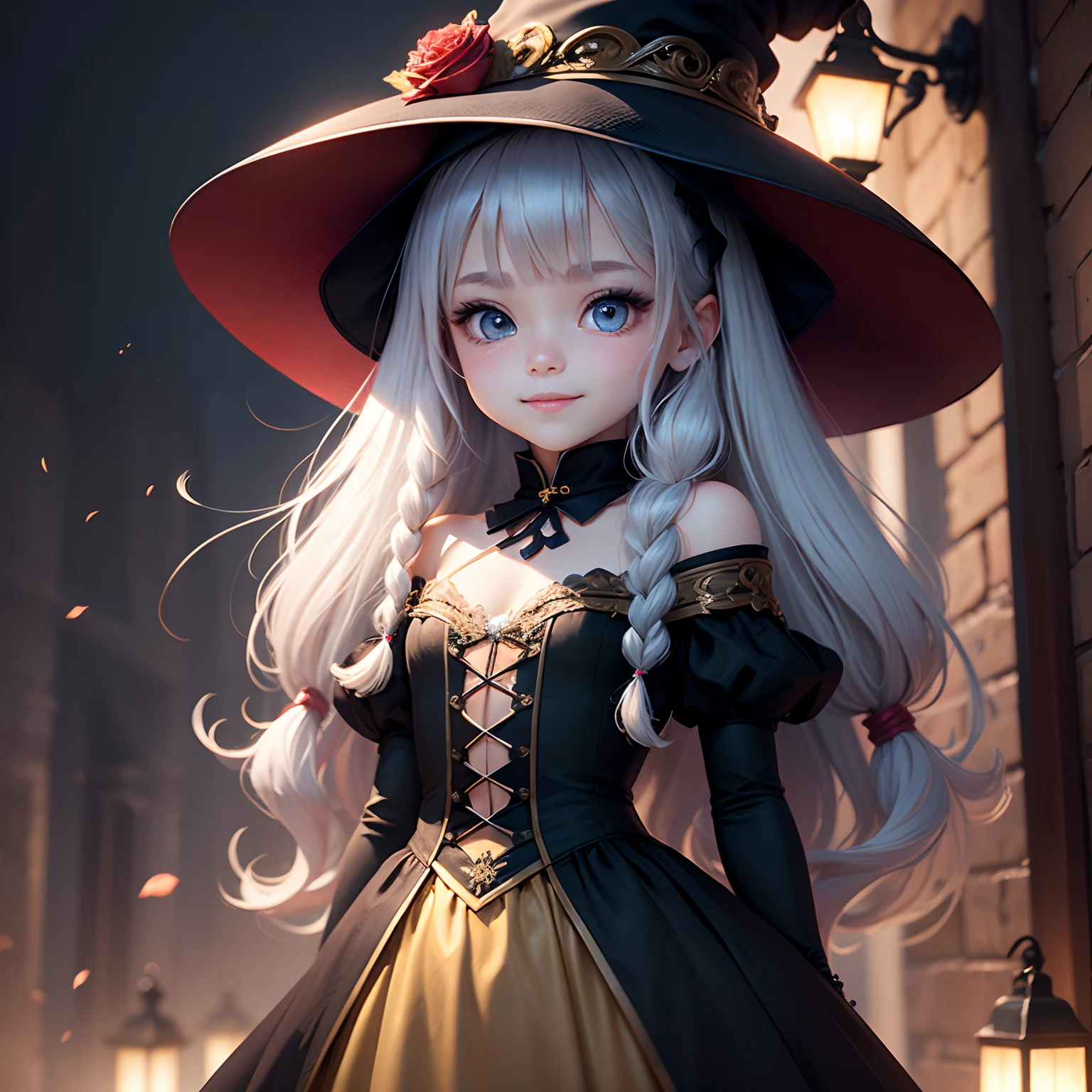 masterpiece、top-quality、ultra-detailliert、(Chibi Chara's Daughter:1.2),(Very elaborate CG Unity 8K wallpapers、masterpiece、top-quality、The ultra-detailliert)、(Charming and attractive girl wearing a deep witch hat decorated with gorgeous golden braids and charming red roses)、(dynamic view、Dazzling blue eyes、Long silver hair:1.3、Exquisite collection、seducting smile)、(Magic and mystery background、firefly lights、glowing particles、Shades of darkness, such as etheric fog)、a high chroma。