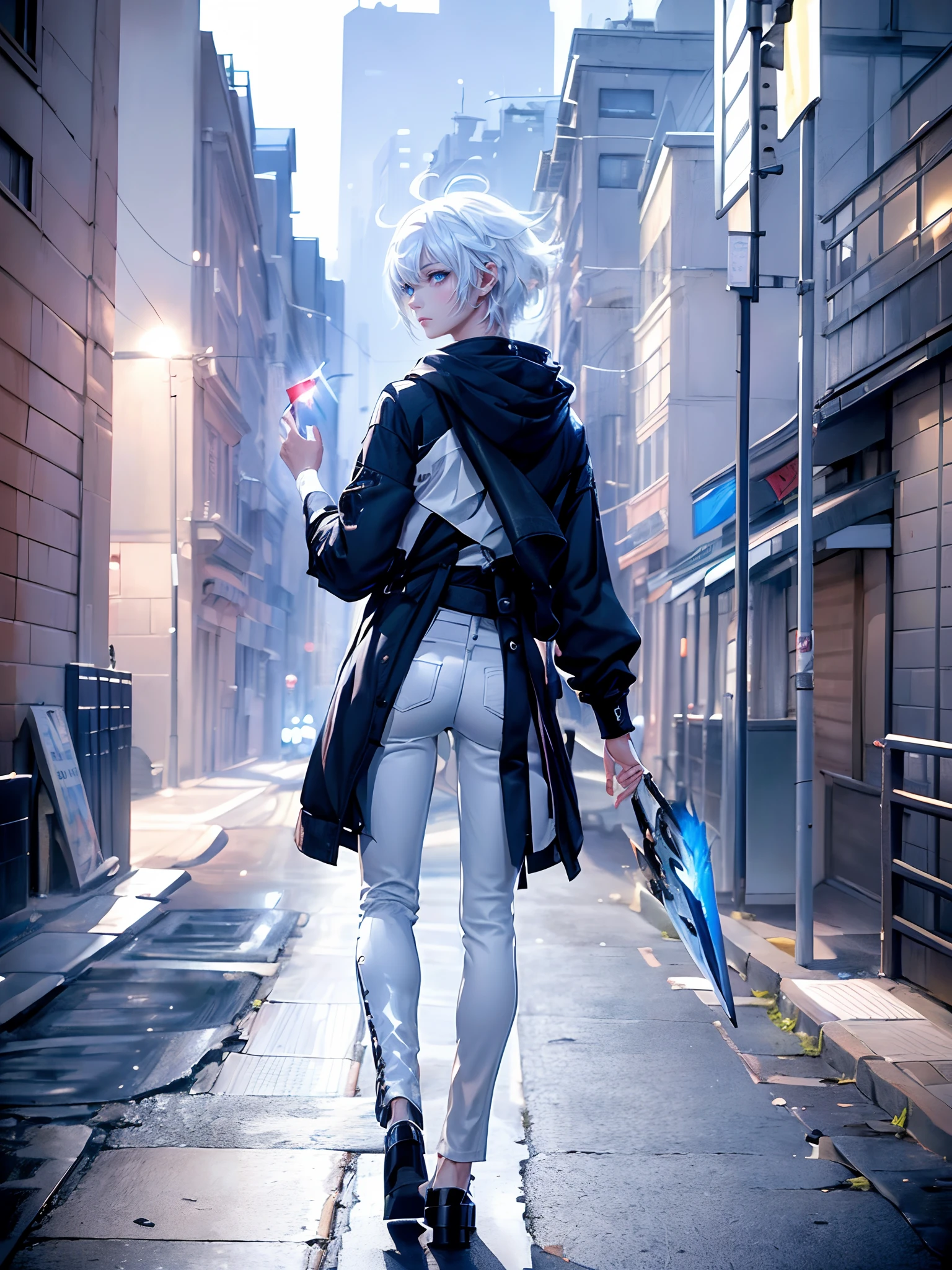 ((4K works))、masterpiece、(top-quality)、One Beautiful Girl、Slim body、tall、((Black Y-shirt and white pants、Charming street style))、Please wear one jacket、Wearing a hood to hide his face、(Detailed beautiful eyes)、Midnight Walk、During the walk、Walking under a dark sky、saddened、suffocating、desolate、solitude、Unhappy、((Face similar to Carly Rae Jepsen))、((Short-haired white hair))、((Smaller face))、((Neutral face))、((Bright blue eyes))、((American adult women))、((Adult female 26 years old))、((cool lady))、((Like a celebrity))、((Korean Makeup))、((elongated and sharp eyes))、((Happy dating))、((boyish))、Professional Photos、((Shot alone))、((He is on a walk))、((He is walking in front of the viewer))、((shot from back))、((photographed from the back))、((Photograph of the back of the head))