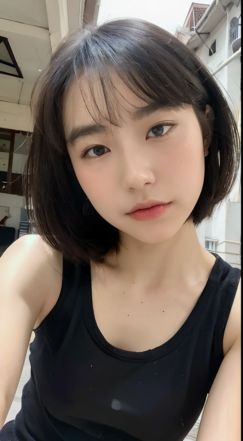 freya from JKT48, idol, indonesian girl, , black bikini, cute face, on the beach, close up, looking at camera, cinematic, sharp lense, professional photographie, 70mm lense, soft light, , 4k