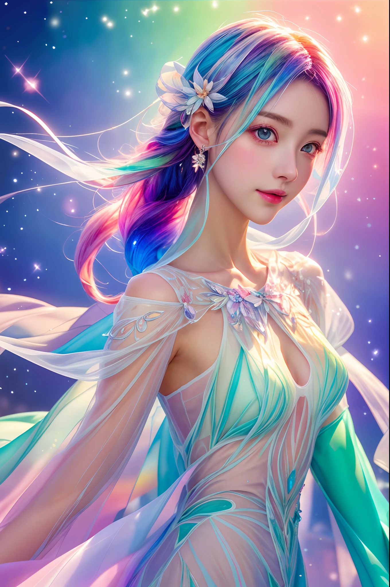 Beautiful girl story wrapped in love, Beautiful eye details, A captivating anime girl gracefully emerges from the pages of a watercolor painting, Her vivid and complex colors are, Bring your artwork to life, (see-through transparent clothes, transparent costume:1.5), She wears extraordinary fantasy costumes,Decorated with exquisite details, reflecting the enchanting world she inhabits, Luminescent elements, like glowing crystals and ethereal wisps, surround her, casting a soft, otherworldly glow, The style of watercolor painting is、Imbues the image with a sense of fluidity and delicacy, as if the colors are effortlessly blending and bleeding into one another, Camera shot: Medium shot, Soft focus, luminescent glow lighting, watercolor brushstrokes, Sophisticated and very delicate anime illustration, Unique colors, Portrait of an anime girl, infinite love, Irridescent color, beautiful girl illuminated by seven colors of light,