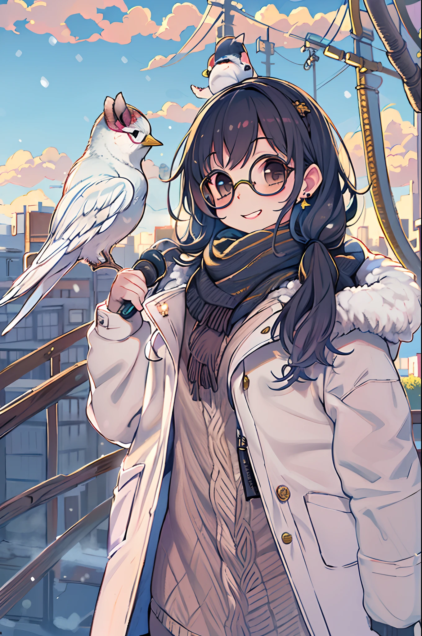 sam yang,, 1girl in, animal, animal on shoulder, Bird, black-framed eyewear, Black eyes, Black hair, Blue sky, Cityscape, crystal clear skies, coat, day, earrings, Eyewear Hang, Removed eyewear, Fur coat, Jacket, Jewelry, Long hair, Looking to the side, Outdoors, Power lines, Red lips, skyporn, Smile, Snow, Solo, Sunglasses, White Bird, White coat, Winters, Winter clothes, , ((masutepiece))