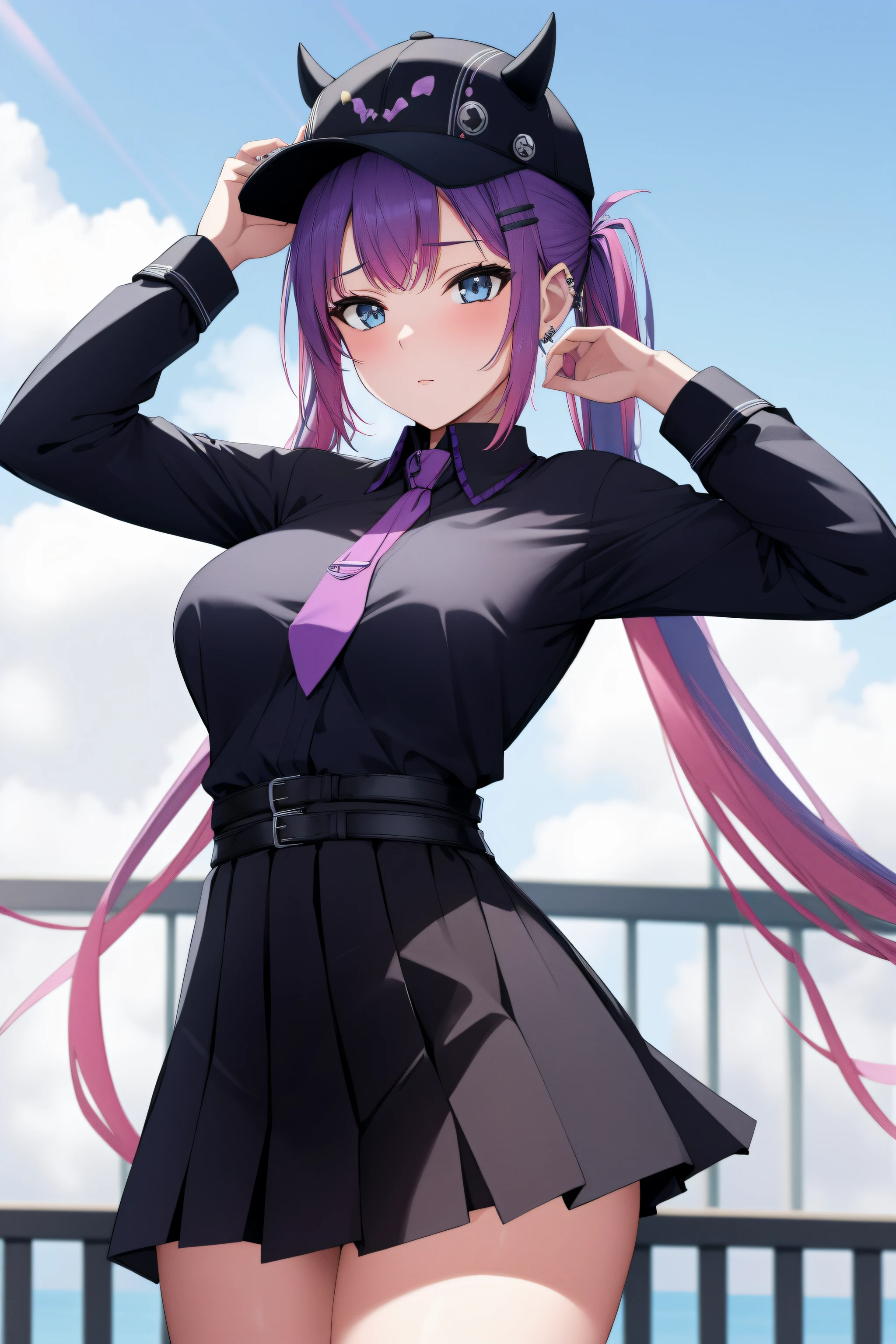 (day:1.7), sky background,a blue sky and clouds,
standing at attention,armpits,arm up,
purple necktie, black shirt, collared shirt, long sleeves, black skirt, plaid skirt,
aatowa, long hair, twintails, black headwear, baseball cap, fake horns, hairclip, piercing, demon tail,
1 girl, 20yo,young female,Beautiful Finger,Beautiful long legs,Beautiful body,Beautiful Nose,Beautiful character design, perfect eyes, perfect face,
looking at viewer, (innocent_big_eyes:1.0),(expressionless:1.3),
NSFW,official art,extremely detailed CG unity 8k wallpaper, perfect lighting,Colorful, Bright_Front_face_Lighting,
(masterpiece:1.0),(best_quality:1.0), ultra high res,4K,ultra-detailed,
photography, 8K, HDR, highres, absurdres:1.2, Kodak portra 400, film grain, blurry background, bokeh:1.2, lens flare, (vibrant_color:1.2)
(Beautiful,medium_Breasts:1.4), (beautiful_face:1.5),(narrow_waist),(perfect hands, perfect anatomy),