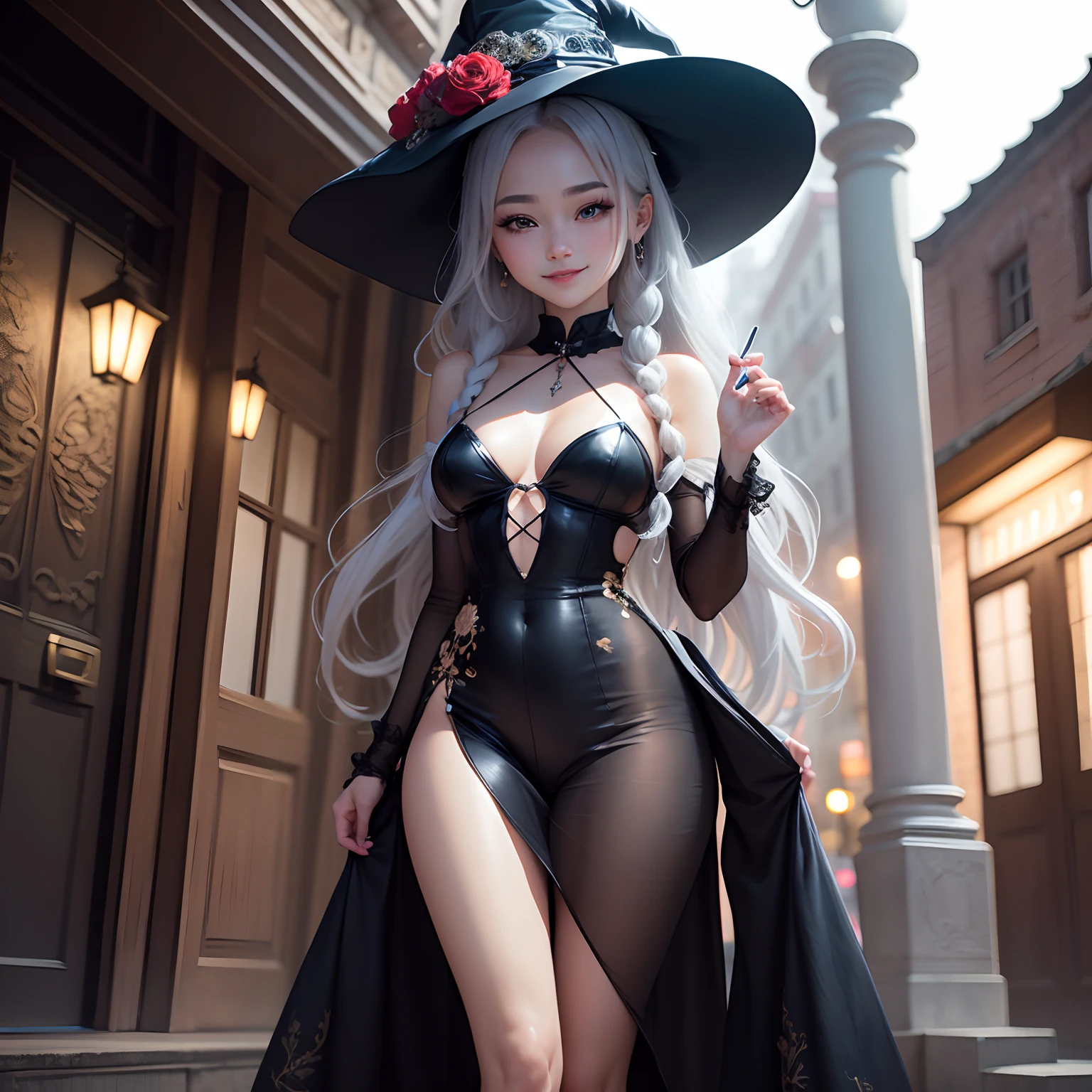 masterpiece、top-quality、ultra-detailliert、(Chibi Chara's Daughter:1.2),(Very elaborate CG Unity 8K wallpapers、masterpiece、top-quality、The ultra-detailliert)、(Charming and attractive girl wearing a deep witch hat decorated with gorgeous golden braids and charming red roses)、(dynamic view、Dazzling blue eyes、Long silver hair:1.3、Exquisite collection、seducting smile)、Full-body standing figure、(Magic and mystery background、firefly lights、glowing particles、Shades of darkness, etheric fog, etc.)、a high chroma。