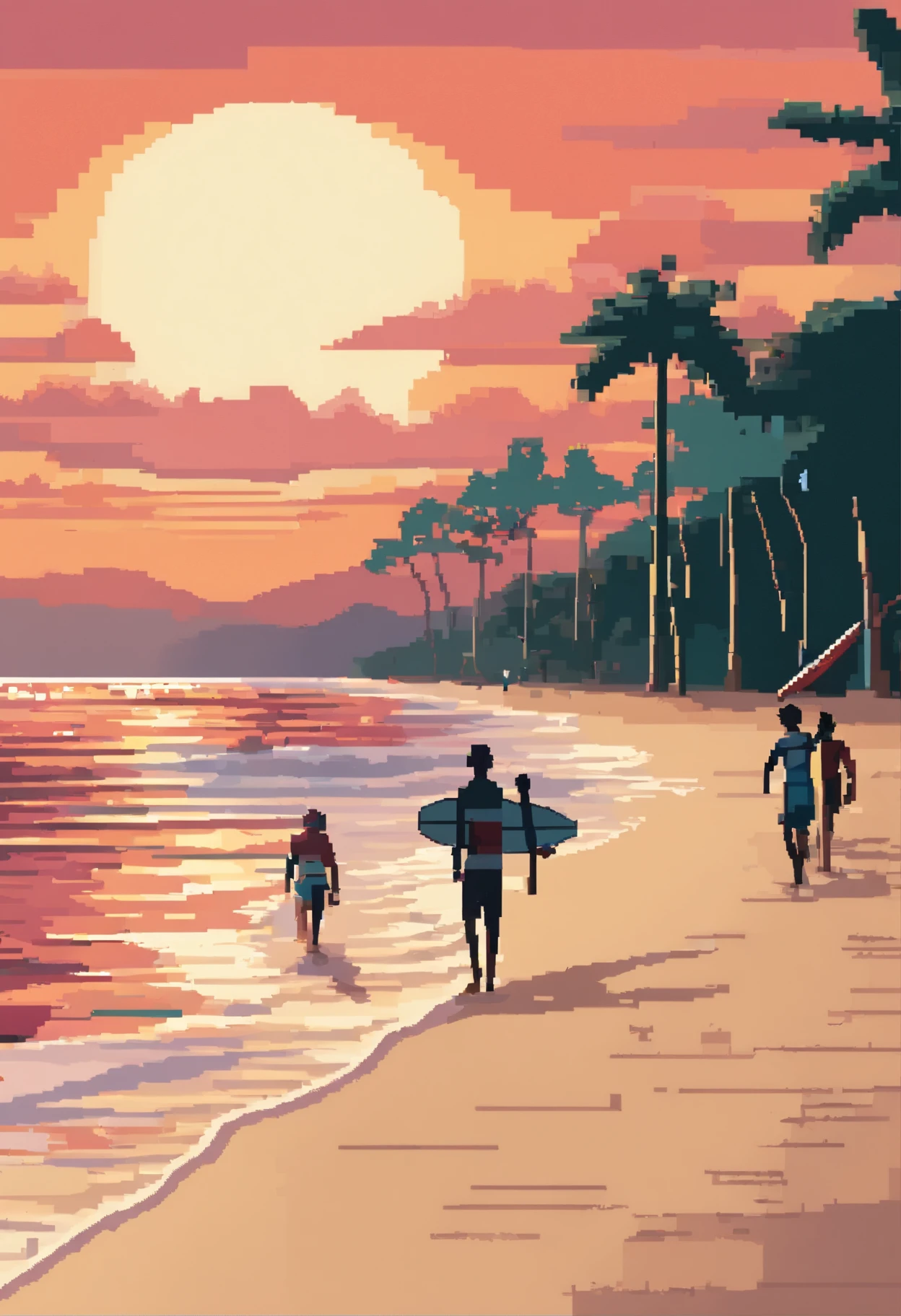 Maresias Beach in Brazil with surfers at sunset