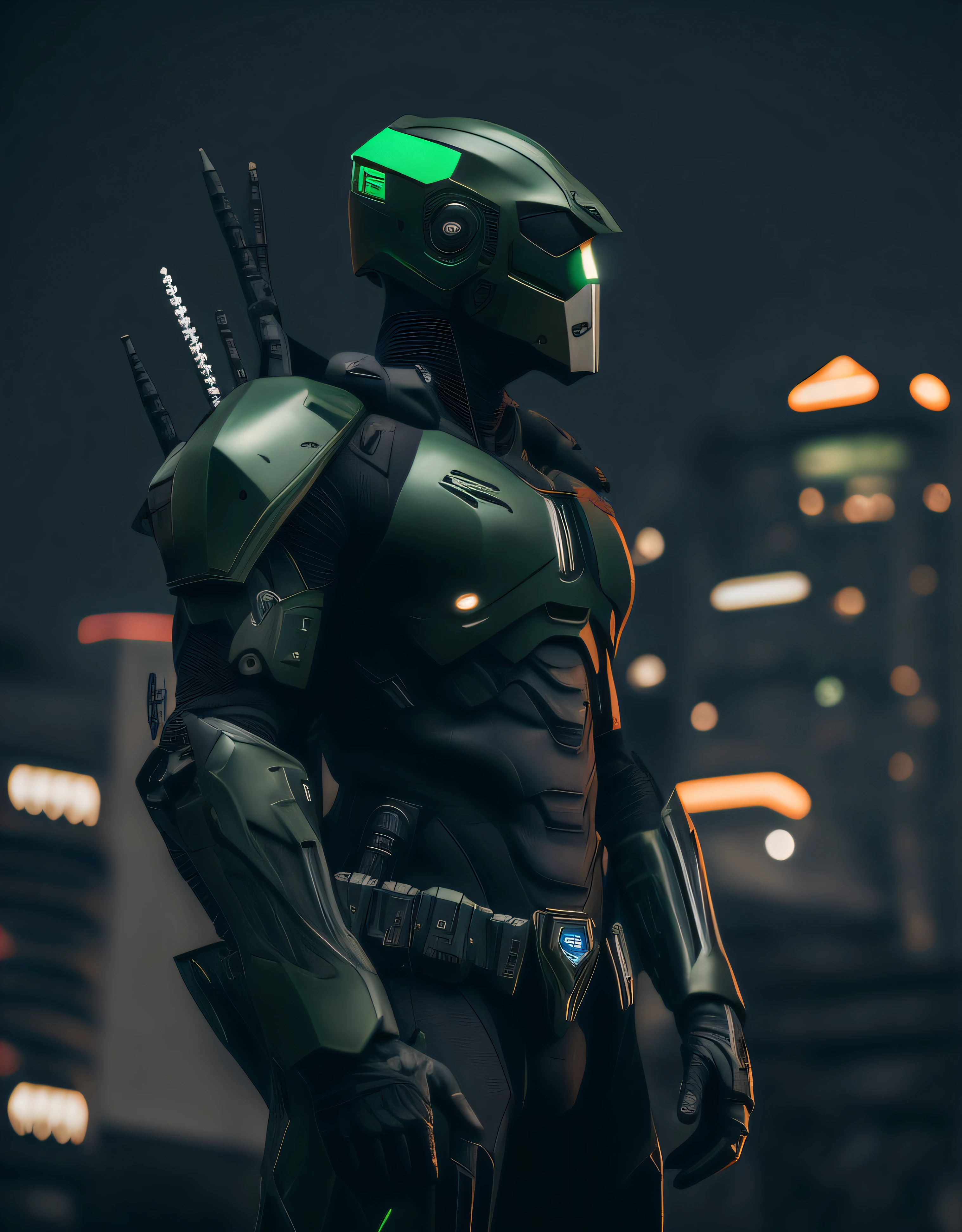 Homem de terno verde com arma e luz verde, Master Chief em Cyberpunk City, usando armadura verde e capacete, terno cyberpunk, cybernetic suit, Terno furtivo, armadura cyberpunk, armadura verde, clothed in sci-fi military armor, soldado cyberpunk, metallic green armor, vestido com armadura furtiva, Batman cyberpunk, cavaleiro cyberpunk, cyber fight armor