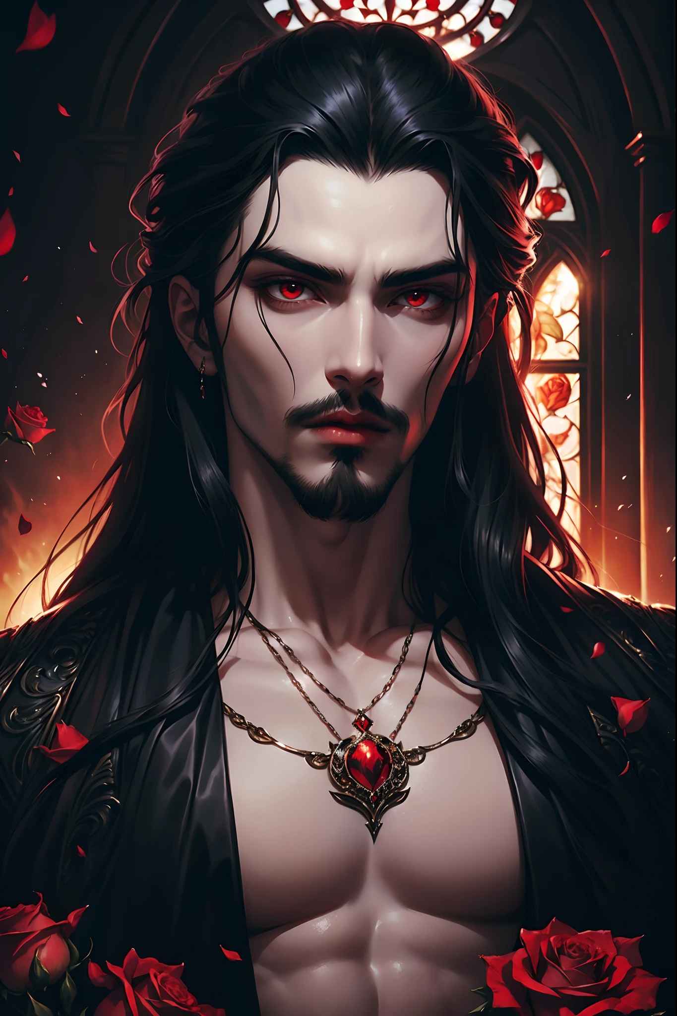 masterpiece, highest quality, perfect face, high detail, hot gorgeous Vampire man Vlad Tepes(Dracula), with long soft black hair, red eyes, puffy lips, posing against ornate baroque window, wearing dark luxury gothic suit, (((solo))), Rose Garden detailed background, realistic, covered navel, cinematic lighting