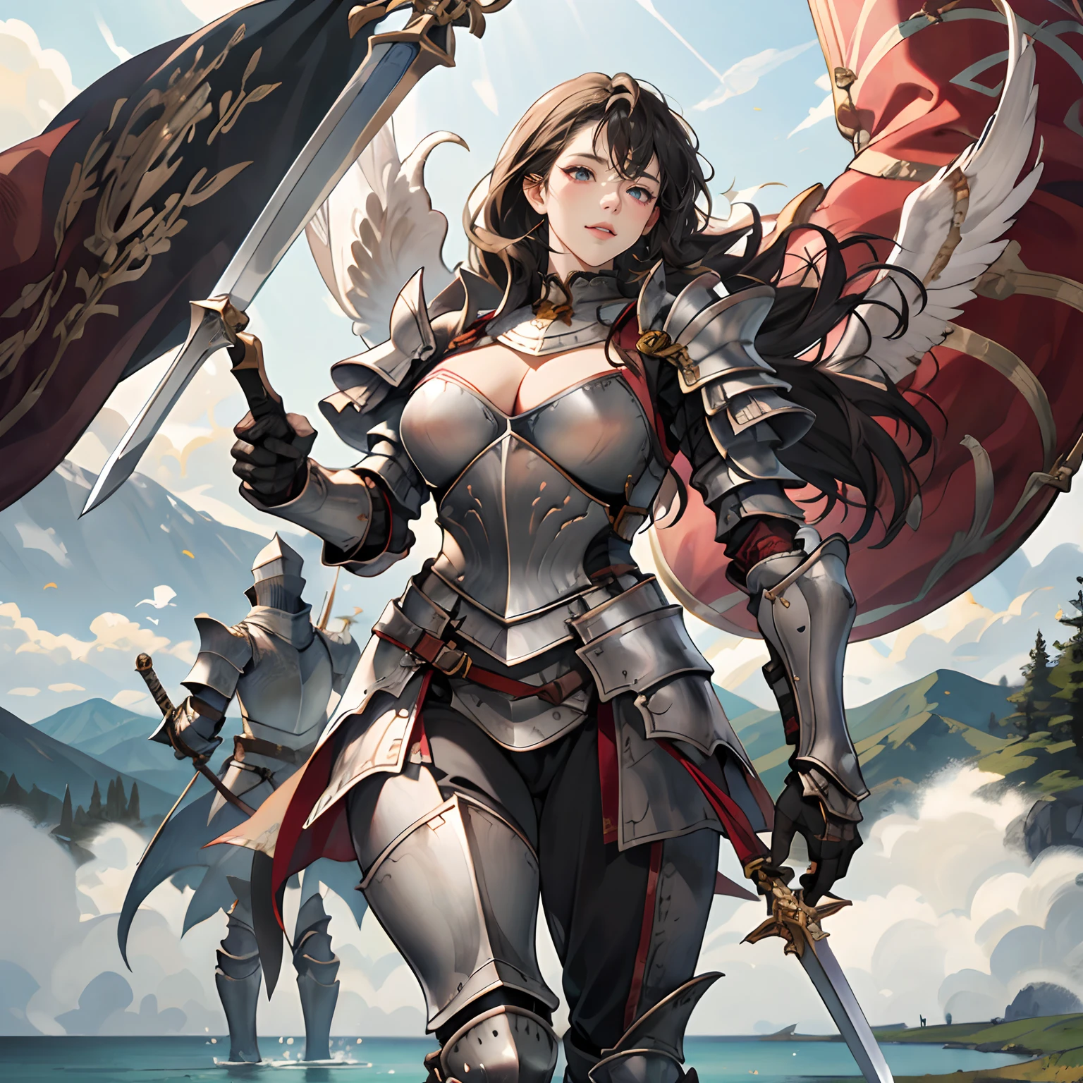 Women in Their 20s、1 persons、angelicales、large white wings on the back、Has 6 wings、Swan wings、with round face、Round jaws、a close up of a woman in armor holding a sword, armor girl, Female knight, large full breasts、full armor, full armor, Gorgeous Female Paladin, Female knight, of a beautiful female knight, Beautiful armor, Plump、thick waist、Wide waist、full armor, s Armor、Gorgeous full-body armor, stunning armor, Trending on ArtStation pixiv, beautiful female knight、holding a greatsword、Great Sword of Steel、delighted expression、Looking here、Staring at me、by lake、White battle flags are lined up、A large army in the distance behind、Forest and mountains in the background、Black string、Black pattern