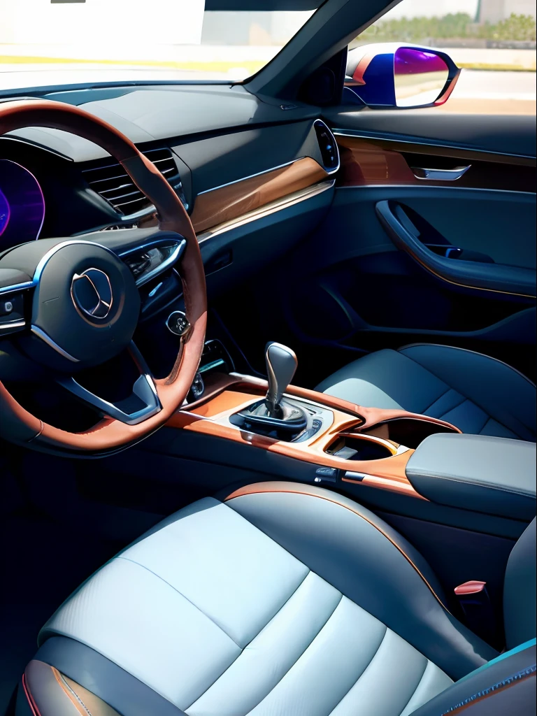 Alafid view of a car with steering wheel and dashboard, Leather upholstery, inside a grand, the console is tall and imposing, glowing interior components, subtle detailing, high end interior, pristine and clean, inside car, glowing blue interior components, easy, Elegant interior, red leather interior, conceito, clean and pristine design, Highly detailed interior