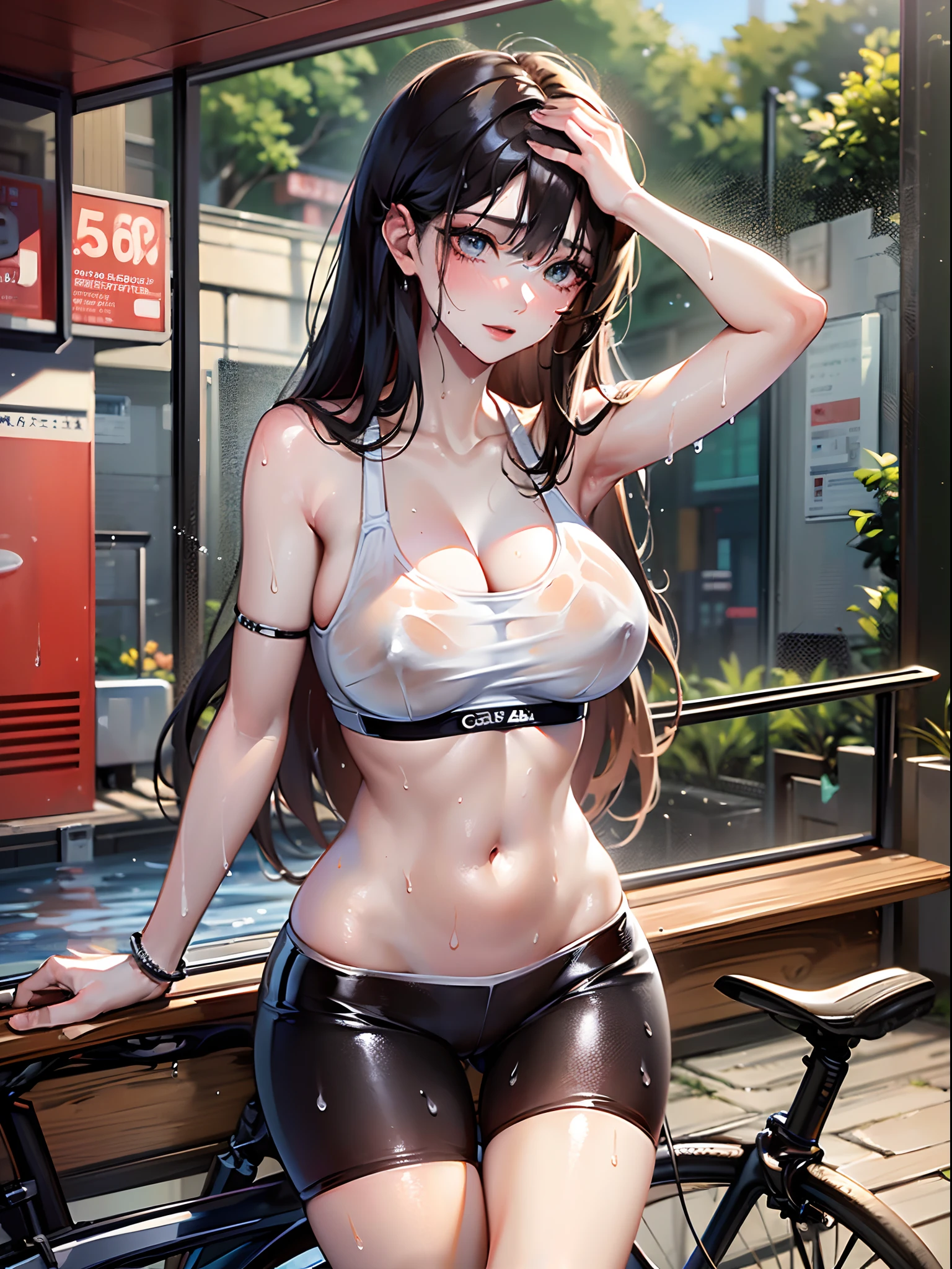 ((Finest quality)),(超A high resolution),(ultra-detailliert),(Meticulous portrayal),((Best CG)),(Finest works of art),Ultra-Precision Art,The art of astounding depiction, (1人の女性:1.5),White sports bra:1.5,(Wet and sheer skin),Glamorous Body,huge tit:1.5,(Wet and sheer skin:1.4),fine-grained skin,toned belly,dishevled hair:1.5, Cycling Machine:1.5