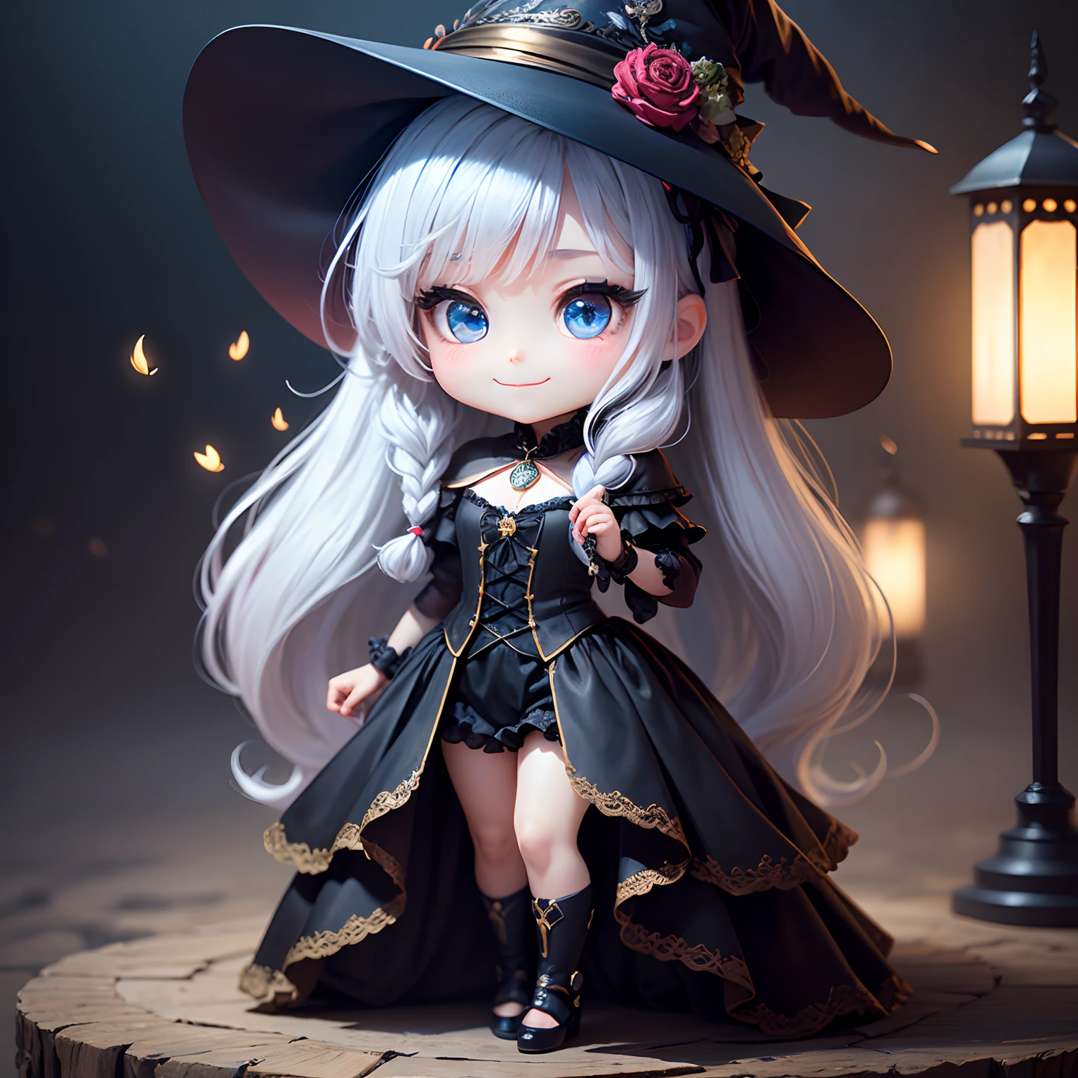 ​masterpiece、top-quality、ultra-detailliert、(Chibi Chara's Daughter:1.4),（Very elaborate CG Unity 8K wallpapers、​masterpiece、top-quality、The ultra-detailliert）、（Charming and attractive girl wearing a deep witch hat decorated with gorgeous golden braids and charming red roses）、（dynamic view、Dazzling blue eyes、Long silver hair：1.3、Exquisite collection、seducting smile）、Full-body standing figure、（Magic and mystery background、firefly lights、glowing particles、Shades of darkness, Etheric fog, etc.）、a high chroma。