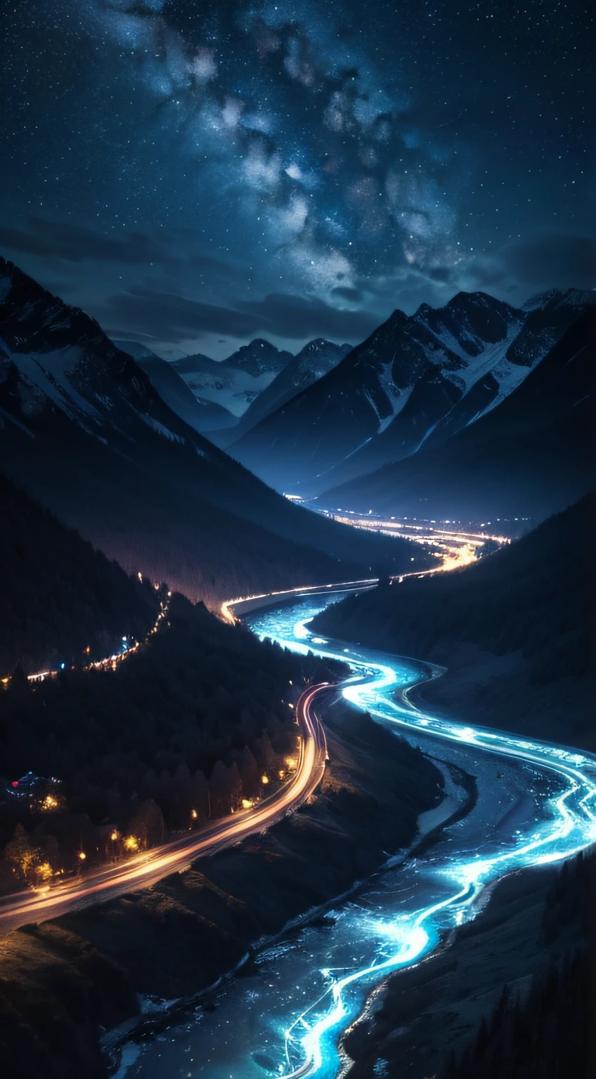 Love rivers and mountains, love beauty even more, starry night wallpaper, 4k, cinematic lighting, extremely detailed