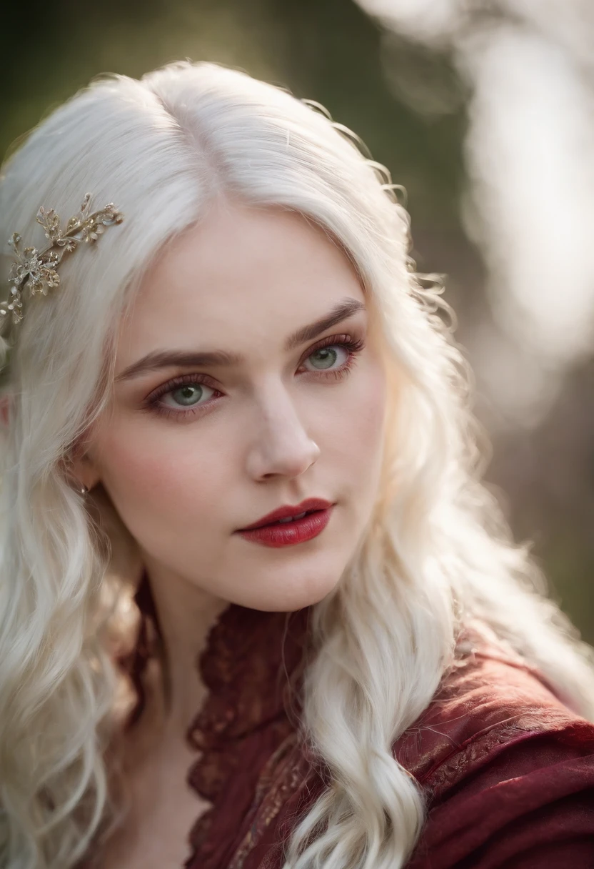 (((a deep reddish wound crosses her left cheek))) fair complexion, woman around 19 years old, natural white hair, distinctive green eyes, wearing kohl, slender and graceful, beautiful, candlelight in a medieval setting, ultra sharp focus, realistic shot, medieval female clothes, tetradic colors (scar:1.4)