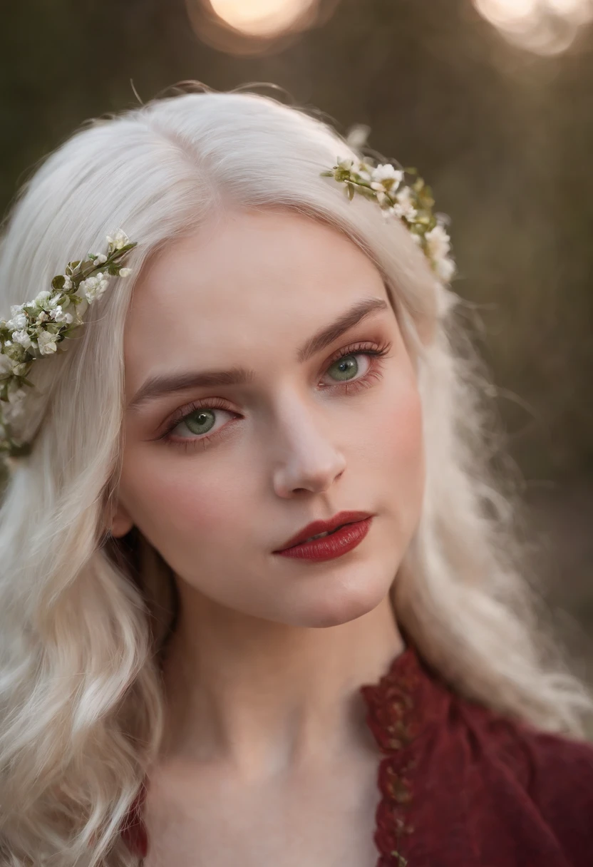 (((a deep reddish wound crosses her left cheek))) fair complexion, woman around 19 years old, natural white hair, distinctive green eyes, wearing kohl, slender and graceful, beautiful, candlelight in a medieval setting, ultra sharp focus, realistic shot, medieval female clothes, tetradic colors (scar:1.4)