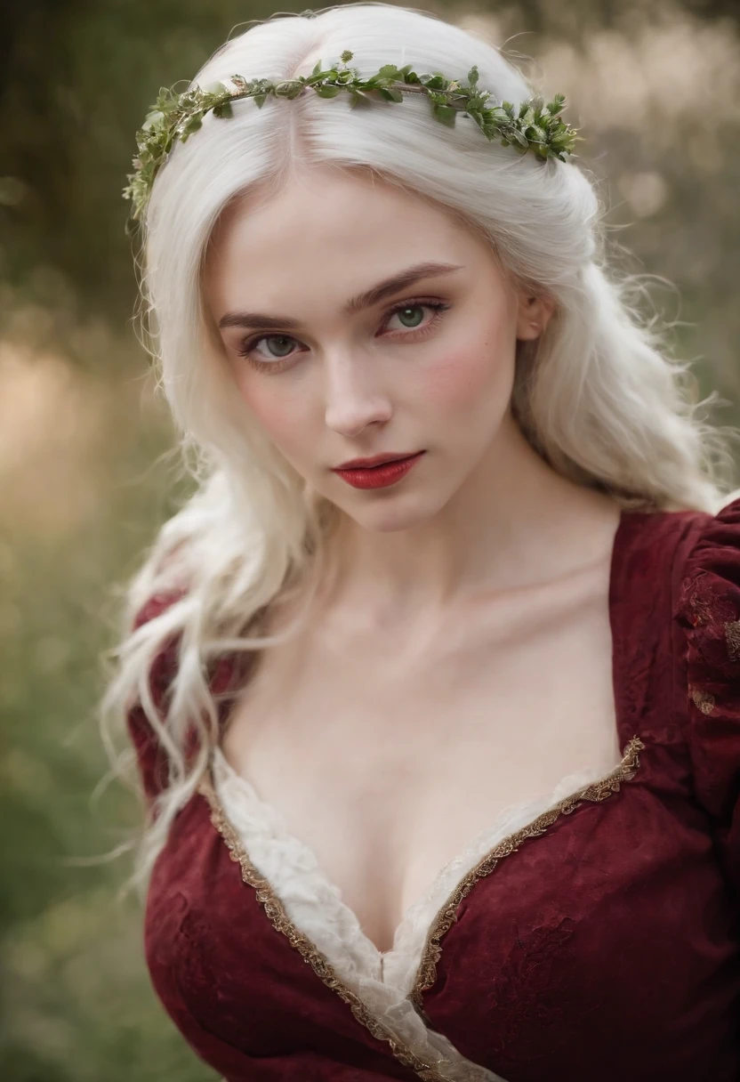 (((a deep reddish wound crosses her left cheek))) fair complexion, woman around 19 years old, natural white hair, distinctive green eyes, wearing kohl, slender and graceful, beautiful, candlelight in a medieval setting, ultra sharp focus, realistic shot, medieval female clothes, tetradic colors (scar:1.4)