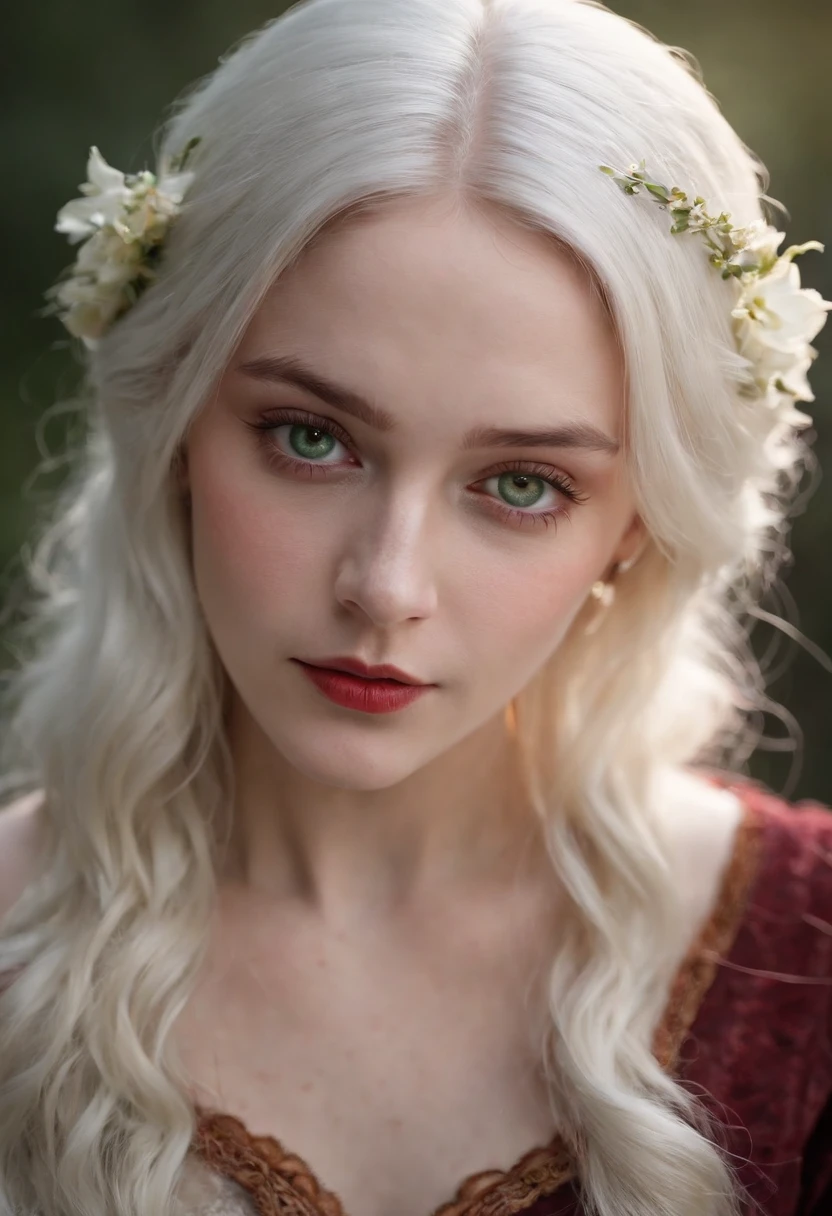 (((a deep reddish wound crosses her left cheek))) fair complexion, woman around 19 years old, natural white hair, distinctive green eyes, wearing kohl, slender and graceful, beautiful, candlelight in a medieval setting, ultra sharp focus, realistic shot, medieval female clothes, tetradic colors (scar:1.4)