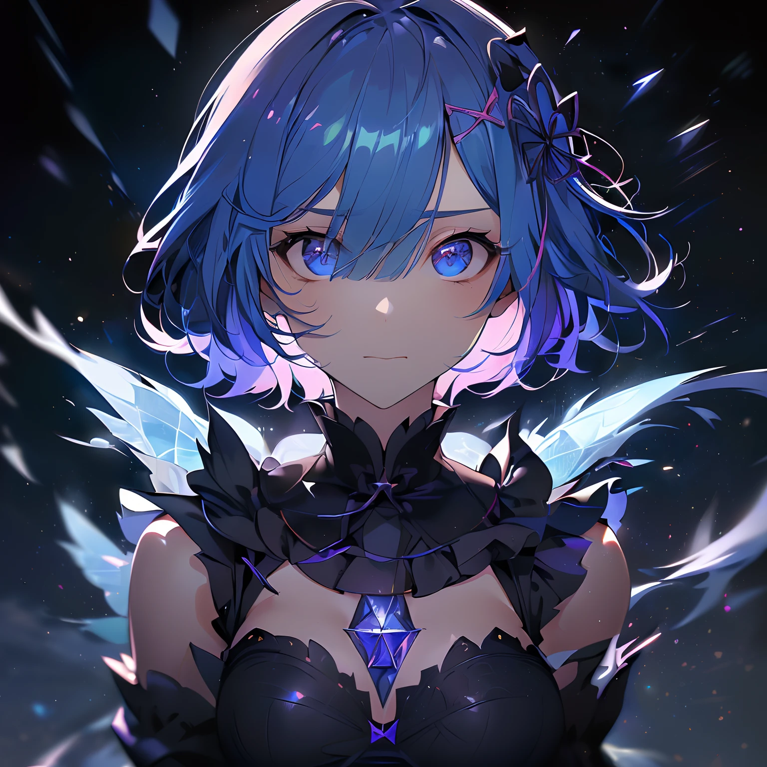 ((best quality)), ((masterpiece)), illustration, (detailed), isometric, (hexagon:1.2), (sharp:1.1), 1girl,  rem, rem (re:zero), cute, captivating pose, (light blue hair:1.1), short hair, (hair over one eye:1.1), blue eyes, medium breasts, roswaal mansion maid uniform, (white pantyhose:1.1), x hair ornament, purple hair ribbon, legs apart, cowboy shot, (looking at viewer:1.2), arms at sides, close-up, blood, fight, fighting, night, purple aura, purple glow, death, destruction, epic, cinematic, dramatic, reflective, shining, falling snow, floating ice crystals, flying ice shards, magic, spell, particle effects, Tindal effect, (Balance and coordination between all things), fantasy, unreal, dream, (high-resolution:1.2)