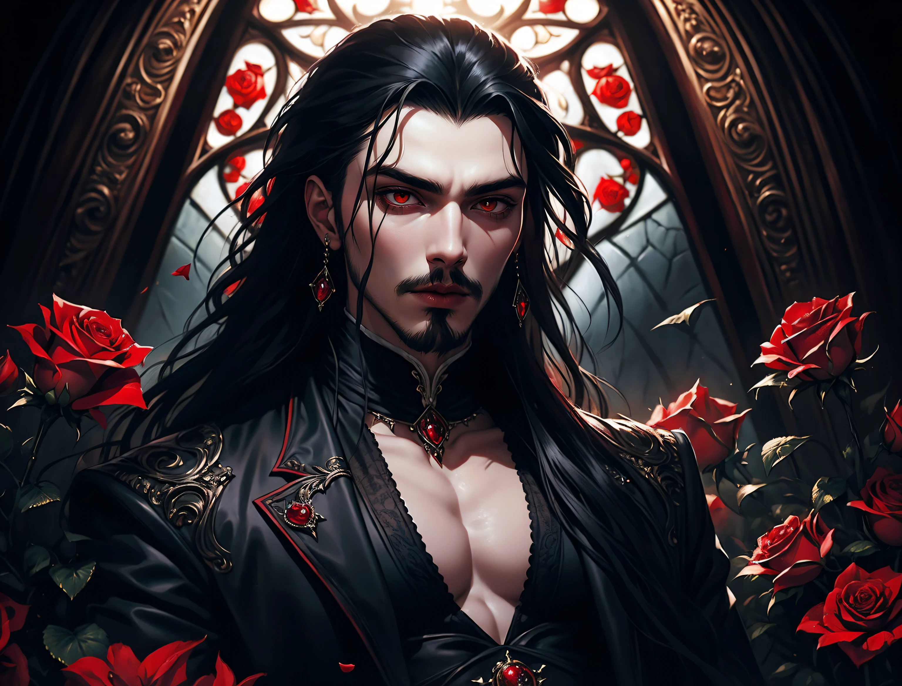 masterpiece, highest quality, perfect face, high detail, hot gorgeous Vampire man Vlad Tepes(Dracula), with long soft black hair, red eyes, puffy lips, posing against ornate baroque window, wearing dark luxury gothic suit, (((solo))), Rose Garden detailed background, realistic, covered navel, cinematic lighting