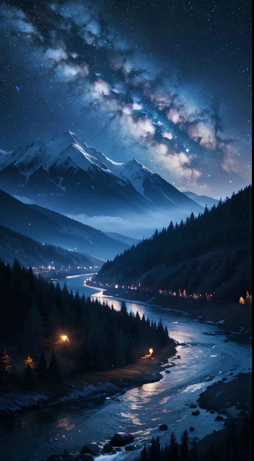 Love rivers and mountains, love beauty even more, starry night  wallpaper, 4k, cinematic lighting, extremely detailed
