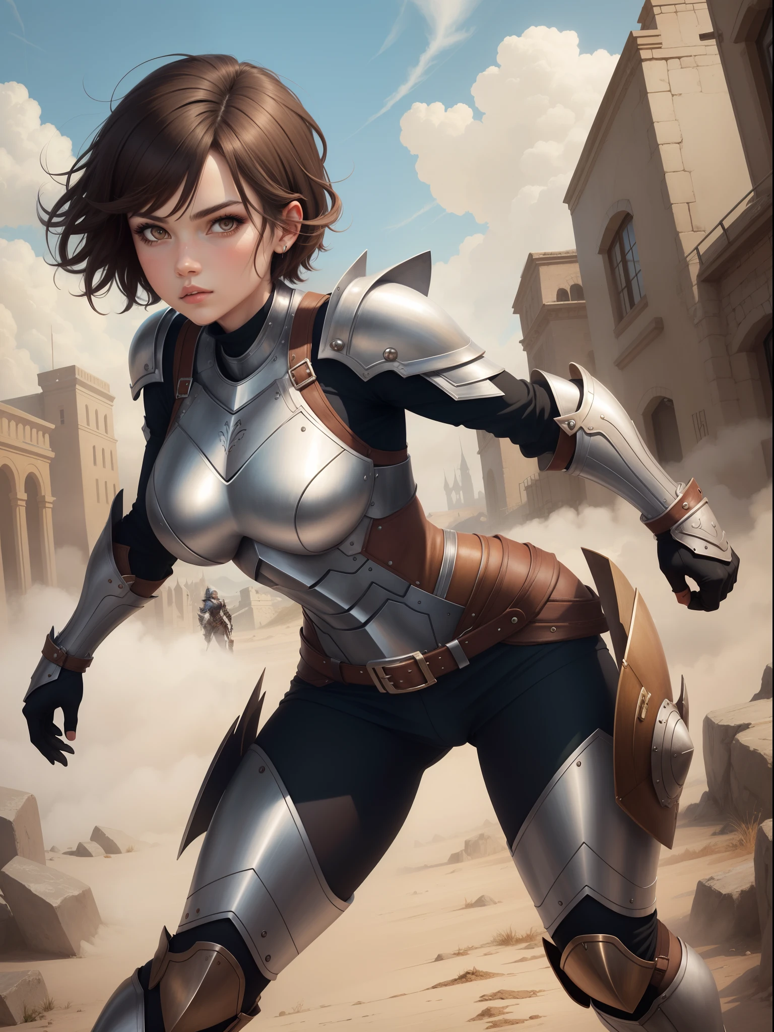 DigiArt Style, looking at viewer, full body, digital art, 1girl, solo, short hair, brown hair, brown eyes, tonned, fit, strong, fighter, shinny metal armor, fantasy