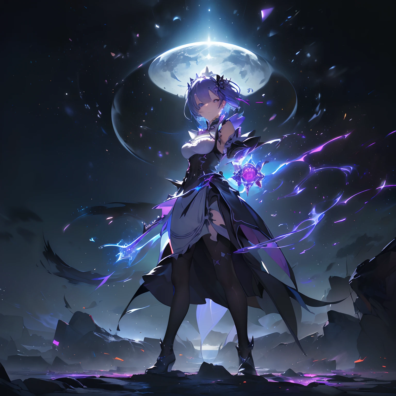 ((best quality)), ((masterpiece)), illustration, (detailed), isometric, (hexagon:1.2), (sharp:1.1), 1girl,  rem, rem (re:zero), cute, captivating pose, (light blue hair:1.1), short hair, (hair over one eye:1.1), blue eyes, medium breasts, roswaal mansion maid uniform, (white pantyhose:1.1), x hair ornament, purple hair ribbon, legs apart, cowboy shot, (looking at viewer:1.2), arms at sides, close-up, blood, fight, fighting, night, purple aura, purple glow, death, destruction, epic, cinematic, dramatic, reflective, shining, falling snow, floating ice crystals, flying ice shards, magic, spell, particle effects, Tindal effect, (Balance and coordination between all things), fantasy, unreal, dream, (high-resolution:1.2)