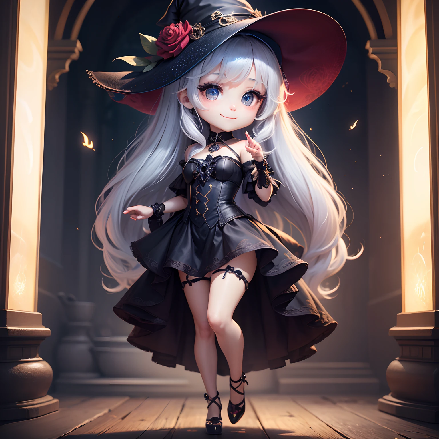 ​masterpiece、top-quality、ultra-detailliert、(Chibi Chara's Daughter:1.4),（Very elaborate CG Unity 8K wallpapers、​masterpiece、top-quality、The ultra-detailliert）、（Charming and attractive girl wearing a deep witch hat decorated with gorgeous golden braids and charming red roses）、（dynamic view、Dazzling blue eyes、Long silver hair：1.3、Exquisite collection、seducting smile）、Full-body standing figure、（Magic and mystery background、firefly lights、glowing particles、Shades of darkness, Etheric fog, etc.）、a high chroma。