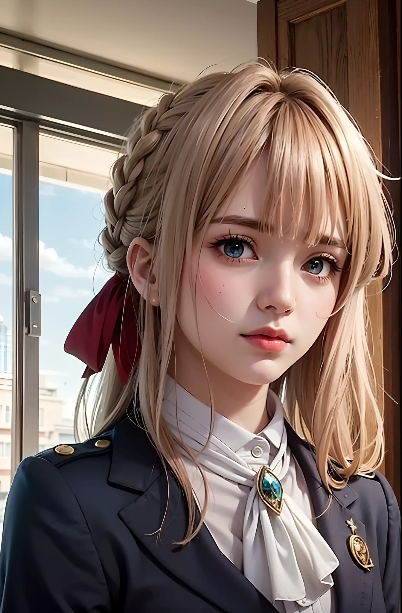 violet, 1girl, 独奏, looking a viewer, blue eyes, blonde hair, band, Hair between the eyes, Jewelry, closed mouth, jacket, hair ribbon, upper-body, braid, exteriors, skye, Day, Cloud, blurry, red ribbon, blue skies, ascot, blurred background, hair intake, blue jacket, brooch, white ascot, Masterpiece, the anime,