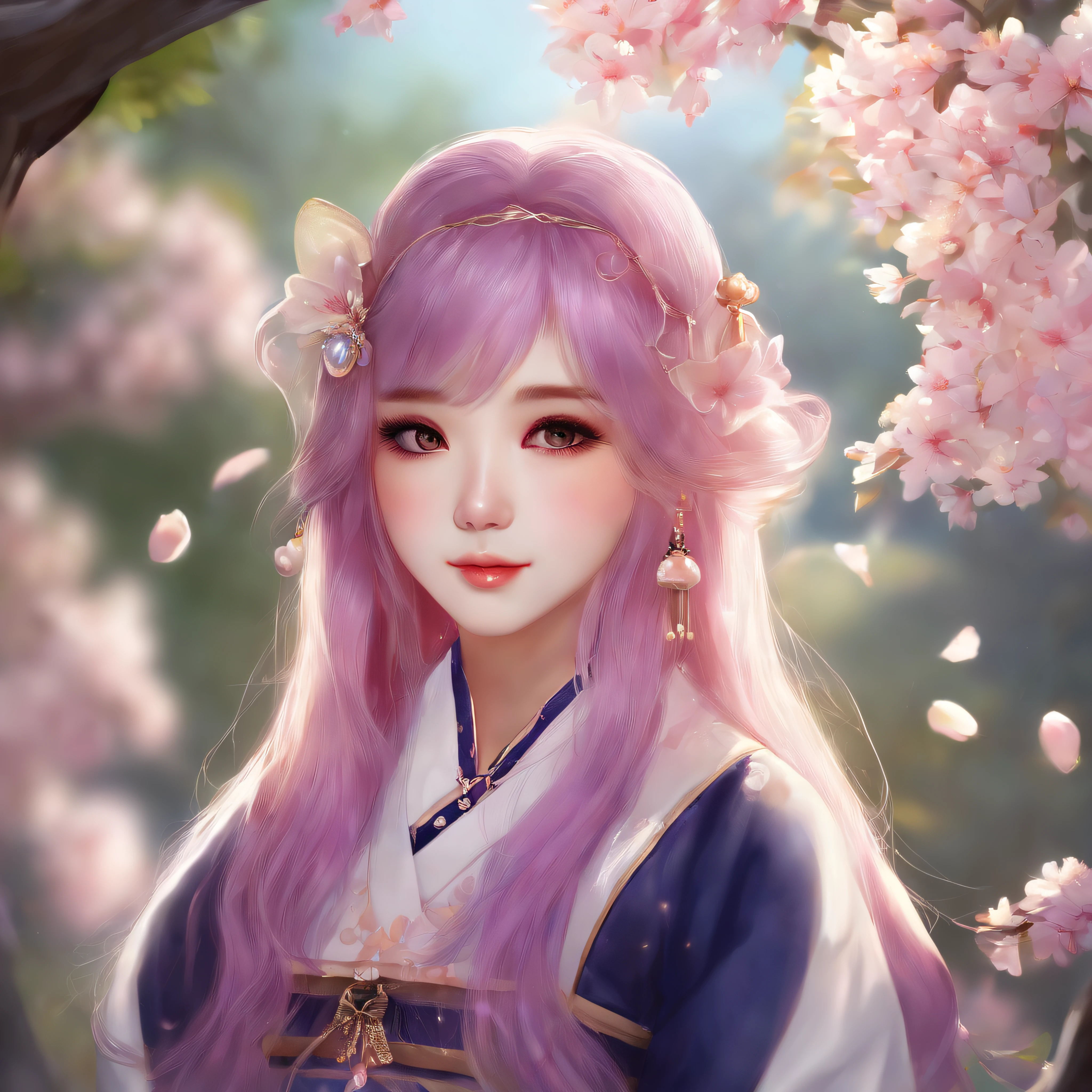 1girl in, (ulzzang-6500:0.7), Kpop Idol, Yae Miko,Pink hair, Long hair,Best Quality, (Painting:1.5), (Hair Ornament:1.35), Jewelry, Purple eyes, cherryblossom, Lantern light, depth of fields, Detailed face, Face Focus, bow ribbon_trim, (Looking at Viewer:1.25), nontraditional miko, Shiny skin, Long sleeves, Smile, thick lips, Game CG,  (Blurry background:1.2), Sitting, Upper body