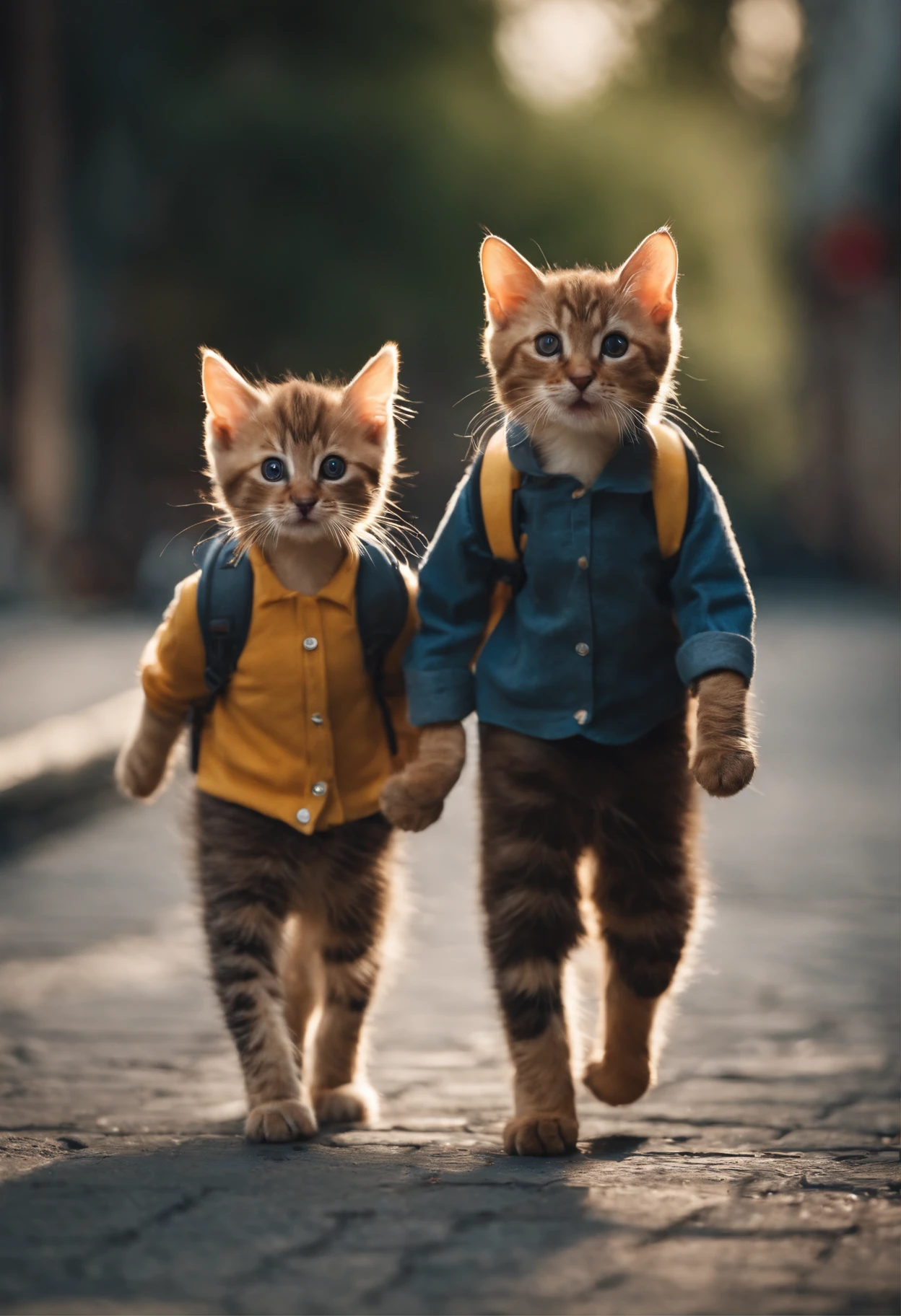 I have two little kittens, a cute little cat, cute kittens, Cutest, Incredibly cute, Adorable and cute, And cute and lovely. They are walking down the street with backpacks, Walking together, commute, Proudly walk down the street, And the cat is walking. They are cute in the style of 🍂 and 🍁, Adorable and cute, Cute and adorable, oh, nice and cute. They are known as real-life Tom and Jerry.