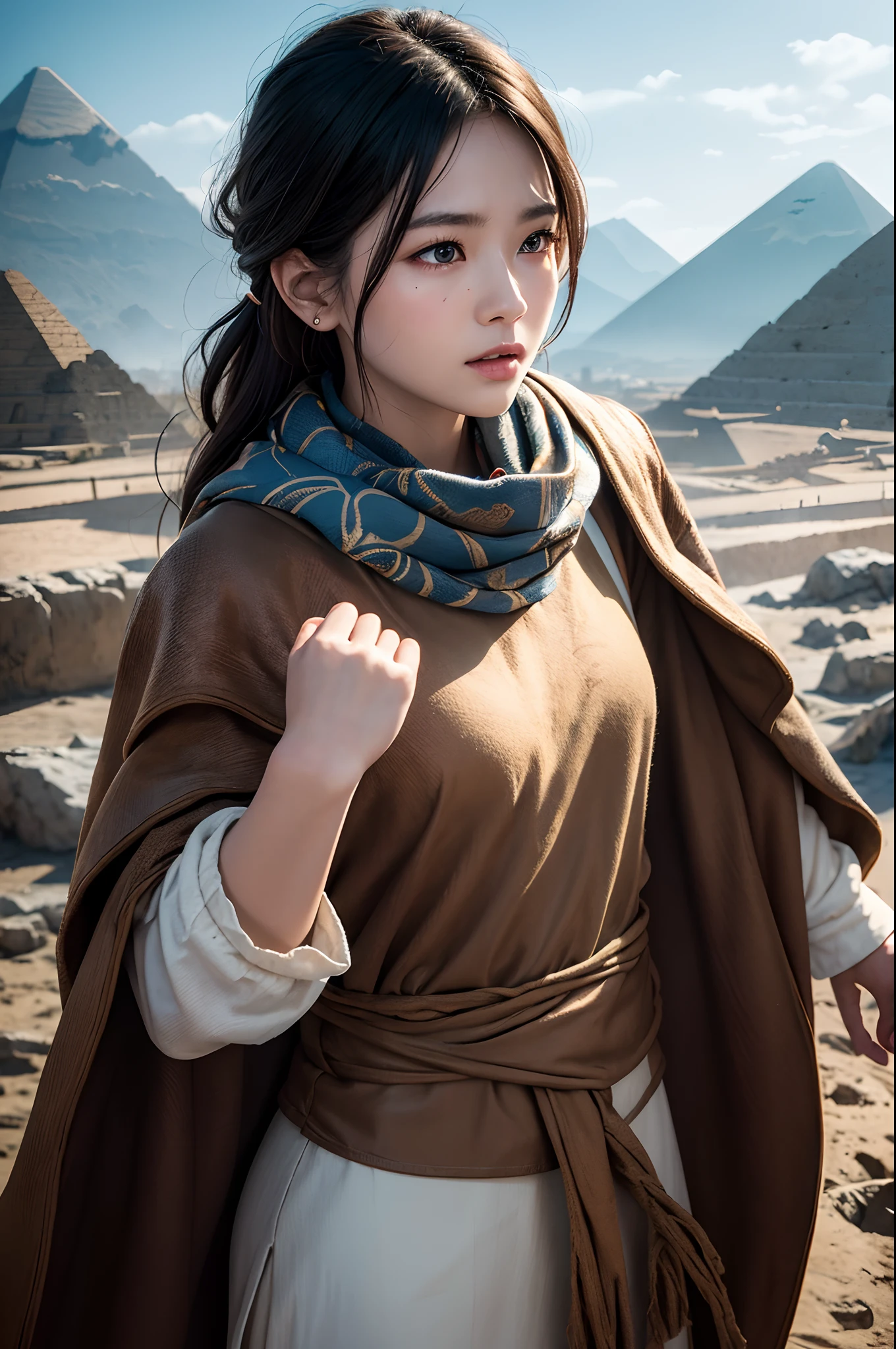 Realistic painting_book_cover:1.3,  girl goes to the pyramids，CG Giant, Smooth CG art, Realistic. Cheng Yi, Realistic secret style, A lovely secret rendering, Rendu portrait 8k, Render character art 8 K, Kawaii realistic portrait， （Linen batik scarf）， Angry fighting stance， looking at the ground， Batik linen bandana， Chinese python pattern long-sleeved garment，Uncharted（Abstract propylene splash：1.2）， Dark clouds lightning background，废墟（realisticlying：1.4），Black color hair，Flour fluttering，Telephoto lens high， A high resolution， the detail， RAW photogr， Sharp Re， Nikon D850 Film Stock Photo by Jefferies Lee 4 Kodak Portra 400 Camera F1.6 shots, Rich colors, ultra-realistic vivid textures, Dramatic lighting，8K quality, Girls，Backstreets， Dark clouds lightning background（realisticlying：1.4），Black color hair，Uncharted， RAW photogr， Sharp Re， Nikon D850 Film Stock Photo by Jefferies Lee 4 Kodak Portra 400 Camera F1.6 shots, Rich colors, ultra-realistic vivid textures, Drama light film CG agency，Tropical canyon battle scene、Chinese big breasts、Vintage trench coat、three kingdom、ember、100 people、Faraway view、intense battles、high detal、masuter piece、NSFW，Multi-layered long-sleeved gauze garment，Quick-dry vest，Colorful cotton and linen sweater，Red and black snake cloak cloak，Doomsday ruins（Uncharted）Climb the streets（Armageddon）eyes filled with angry，He clenched his fist v