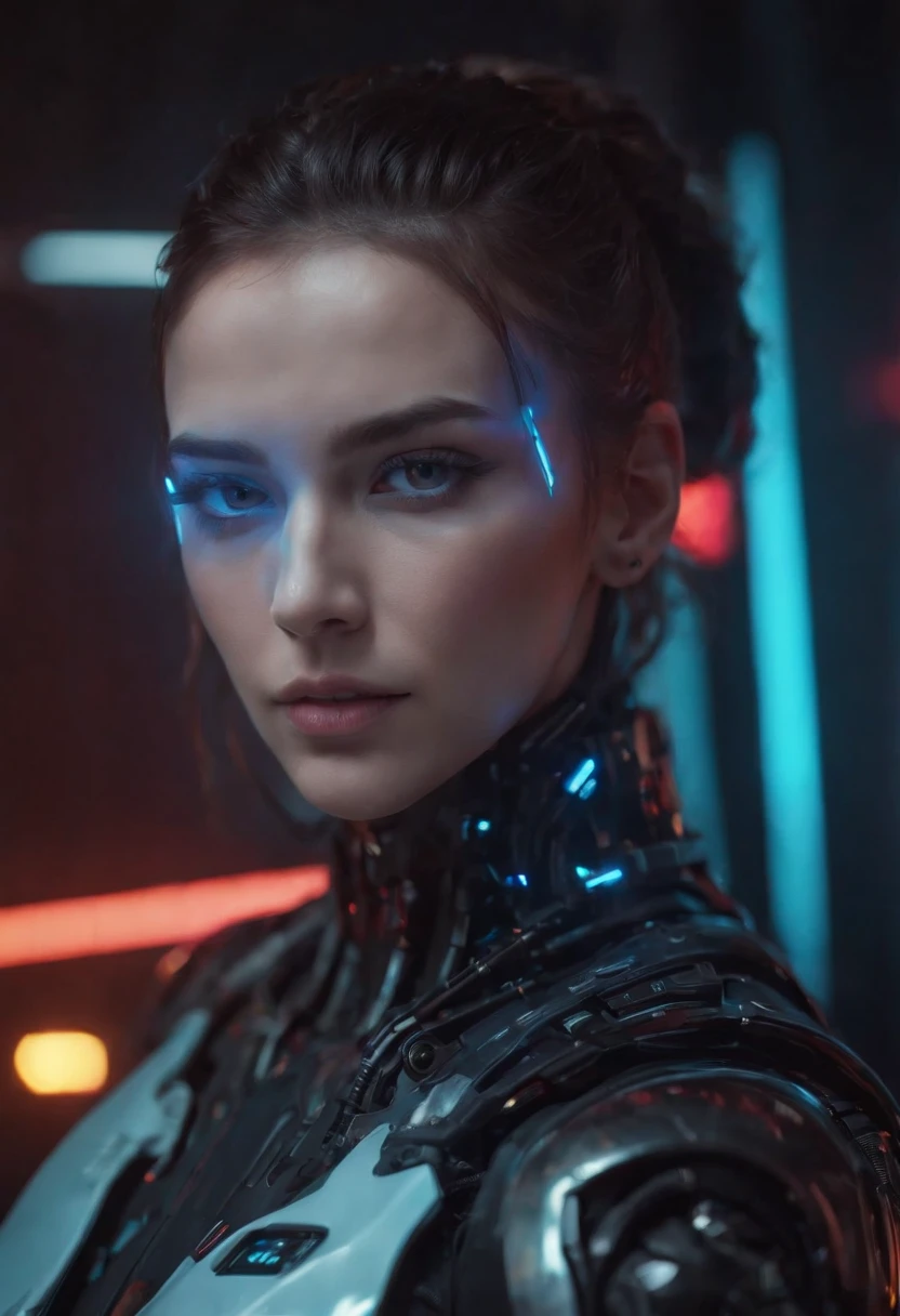 UHD,half robotic face, high contrast, 4k high definition, Cyberpunk, highly technological, frontal position, bright eyes, clothing details with technology, side position, muscular, neon glow color