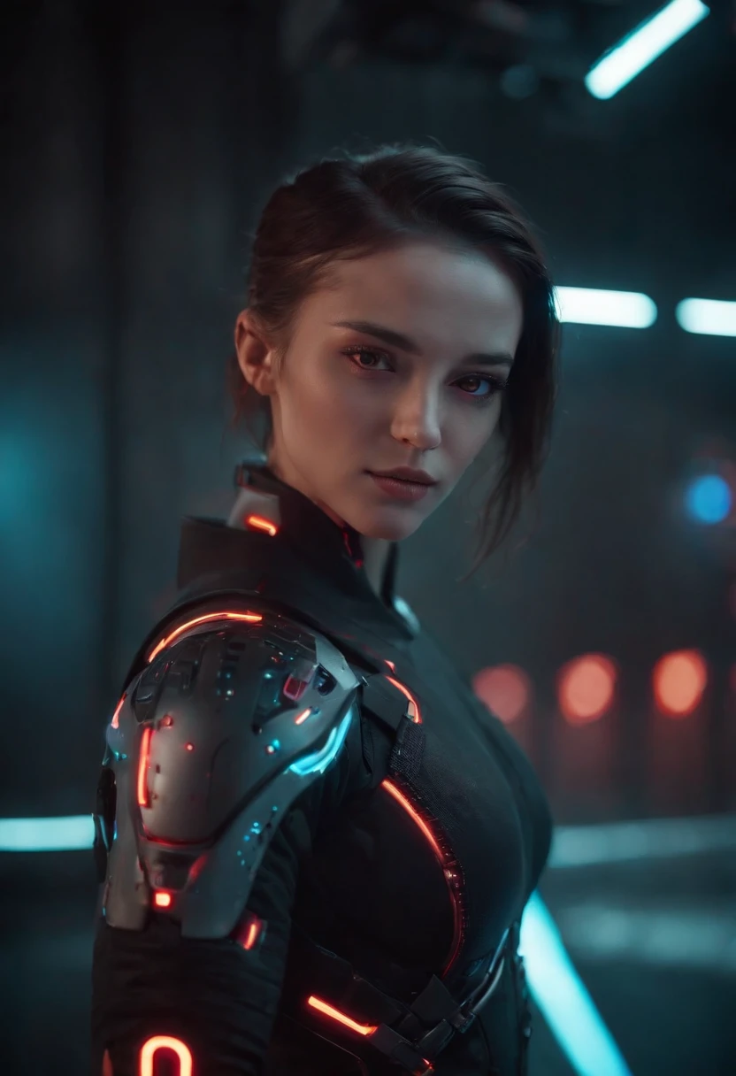 UHD,half robotic face, high contrast, 4k high definition, Cyberpunk, highly technological, frontal position, bright eyes, clothing details with technology, side position, muscular, neon glow color