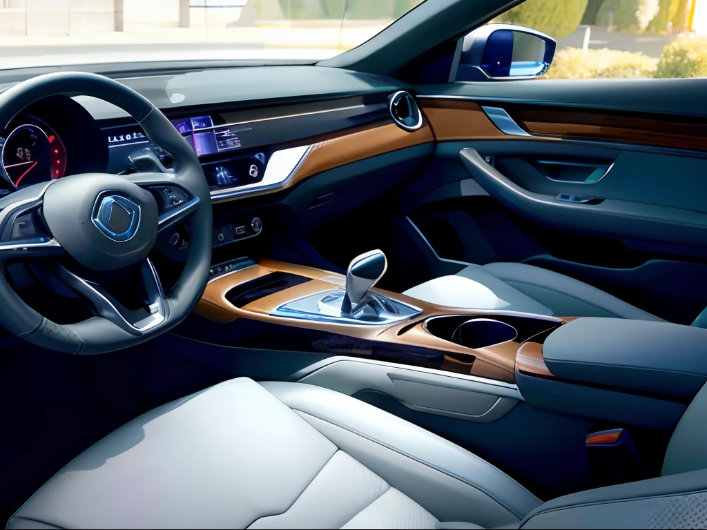 Enjoy the car of the future,Alafid view of a car with steering wheel, Leather upholstery, inside a grand, the console is tall and imposing, glowing interior components, subtle detailing, high end interior, pristine and clean, inside car, glowing blue interior components, easy, Elegant interior, red leather interior, conceito, clean and pristine design, Highly detailed interior,There is no dashboard in the car, only a large screen。