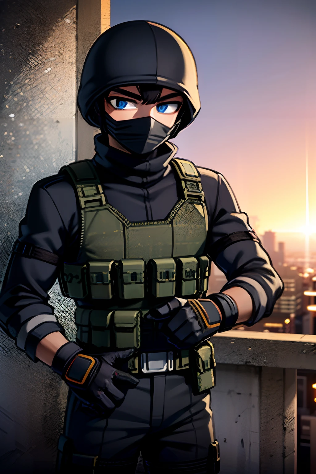 young man, Military soldier, camouflage pants, army combat shirt, black bulletproof vest, wearing a black balaclava, black ski mask, blue eyes, in a tower, Sunset