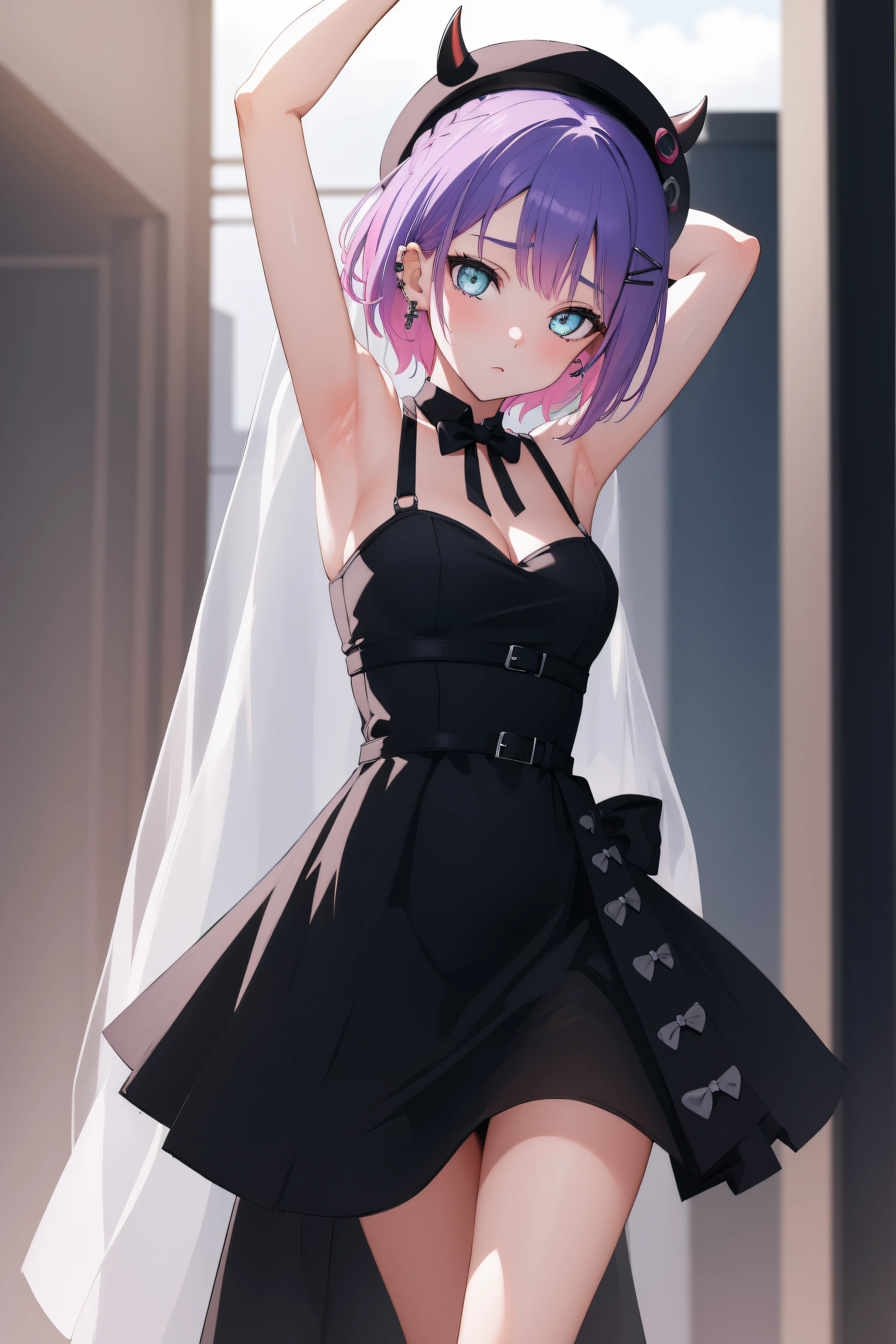 (day:1.7), sky background,a blue sky and clouds,
standing at attention,armpits,arm up,
black wedding dress,black bridal veil,off-shoulder,
bbtowa, short hair, black headwear, beret, fake horns, hair ornament, piercing, demon tail, 
1 girl, 20yo,young female,Beautiful Finger,Beautiful long legs,Beautiful body,Beautiful Nose,Beautiful character design, perfect eyes, perfect face,
looking at viewer, (innocent_big_eyes:1.0),(expressionless:1.3),
NSFW,official art,extremely detailed CG unity 8k wallpaper, perfect lighting,Colorful, Bright_Front_face_Lighting,
(masterpiece:1.0),(best_quality:1.0), ultra high res,4K,ultra-detailed,
photography, 8K, HDR, highres, absurdres:1.2, Kodak portra 400, film grain, blurry background, bokeh:1.2, lens flare, (vibrant_color:1.2)
(Beautiful,medium_Breasts:1.4), (beautiful_face:1.5),(narrow_waist),(perfect hands, perfect anatomy),