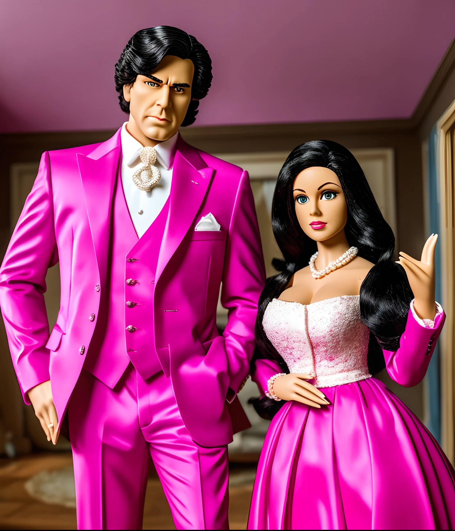 a male and a female rich powerful married ruthless, arrogant, haughty couple in their 50s posing in front of a plastic pink dollhouse inside a living room, movie villains, cinematic characters --auto --s2
