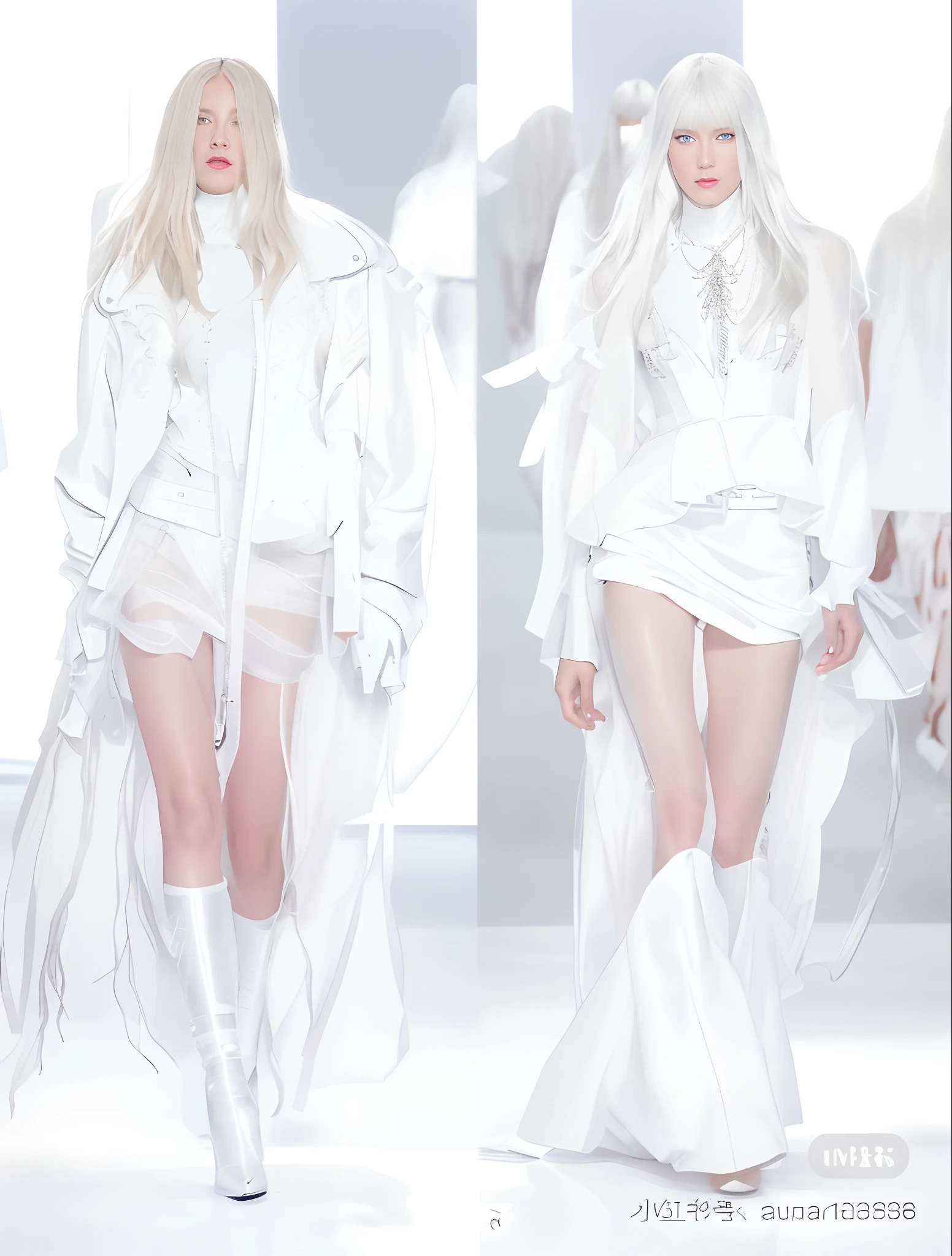A group of women wearing white outfits walking on the runway, futuristic and ethereal, closed - white style, futuristic fashion, trend, worn-out - white aesthetic, fashion runway, 2020 fashion, inspired by Mira Bella Cavalli, haute couture design, flowing white robes, futuristic fashion clothing, futuristic wardrobe, dressed in white clothes, futuristic look, futuristic fashion show