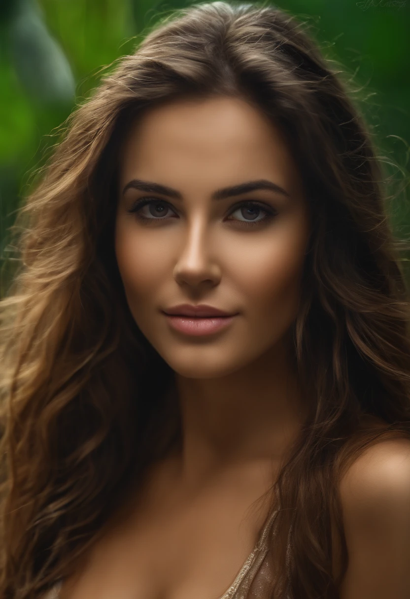 (1femme), extremely detailed CG unified 8k wallpaper, highly detailed, High definition RAW color photos, Photograpie professionnelle, realistic portrait, talk show, Makeup, cheveux raides, brune, (gros seins:1.3), dehors, Jungle, (Paysage avec de fortes pluies dans la Jungle:1.2), (Waterfalls:1.5), ((Rivers)), fortes pluies, (whole body soaked:1.3), (((Bokeh))), profondeur de champs,