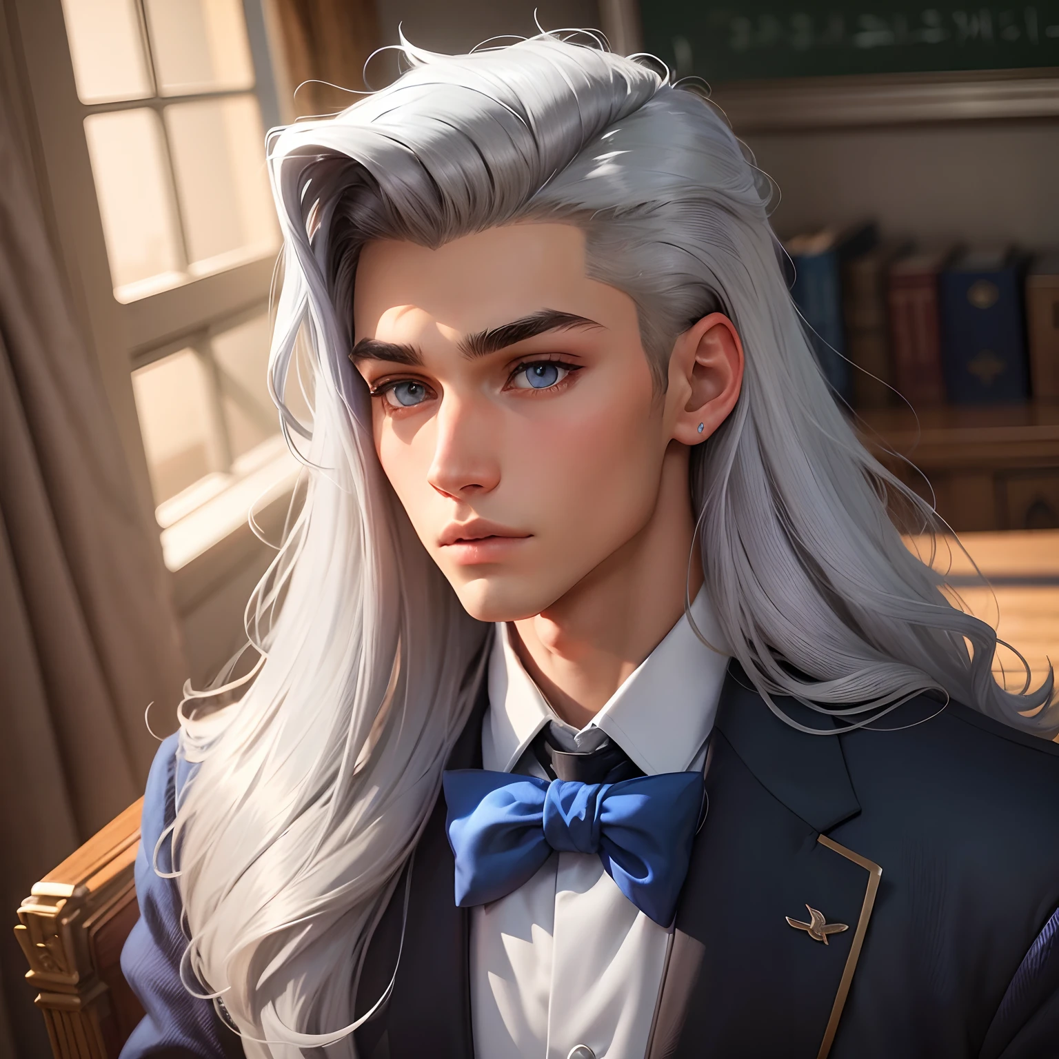 a age man with gray hair and eyes gray with his hair combed back , wearing a fancy royal blue school uniform , Portair HD