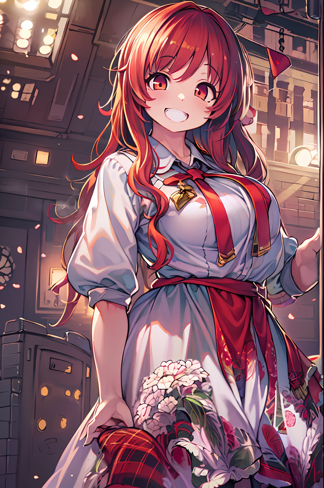 Highly detailed, 8K, masutepiece, 1girl in, Red tie_hair, Dress , Crazy_Smile, (Perfect_Face), Detailed_Background, full_Body, bloom,(Beautiful lighting:1.3), Caustics, Dynamic lighting, from a_Below
