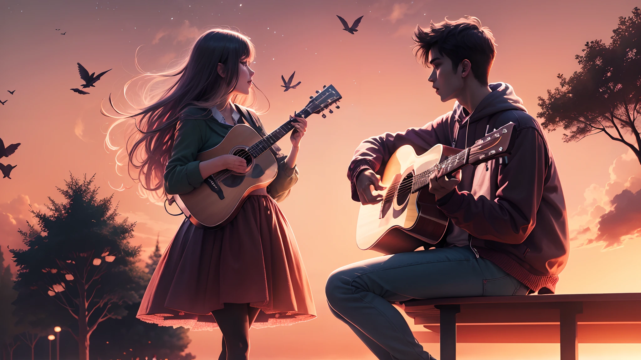 College couples male playing guitar and female singing in the park background with beautiful evening skies