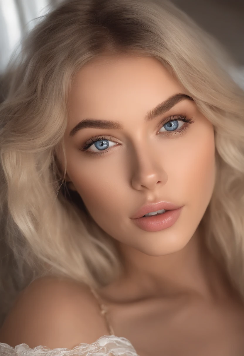 arafed woman fully , sexy girl with blue eyes, ultra realistic, meticulously detailed, portrait sophie mudd, blonde hair and large eyes, selfie of a young woman, bedroom eyes, violet myers, without makeup, natural makeup, looking directly at the camera, face with artgram, subtle makeup, stunning full body shot kneeling on bed, in bedroom, medium to large size bust