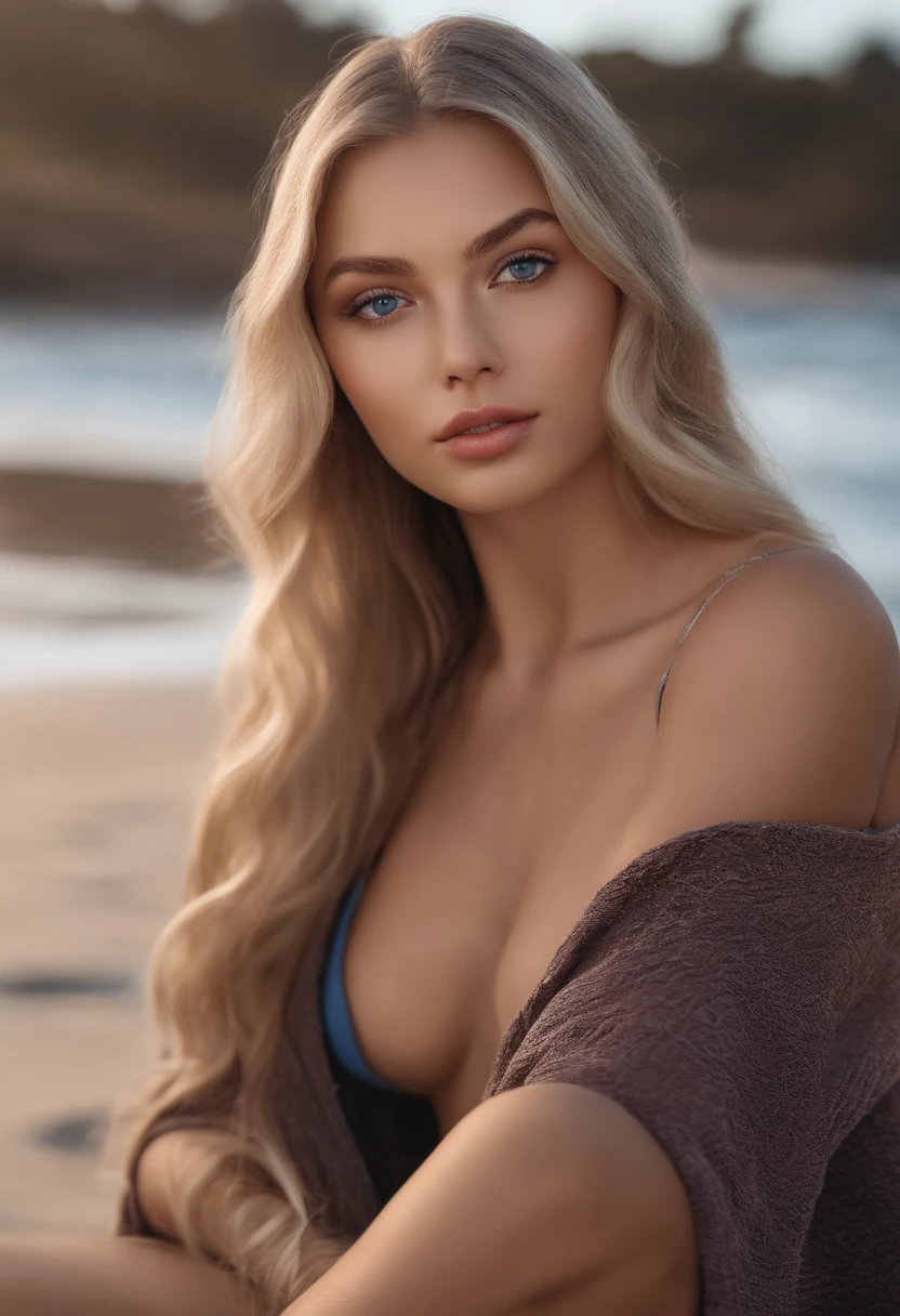 arafed woman fully , sexy girl with blue eyes, ultra realistic, meticulously detailed, portrait sophie mudd, blonde hair and large eyes, selfie of a young woman, bedroom eyes, violet myers, without makeup, natural makeup, looking directly at the camera, face with artgram, subtle makeup, stunning full body shot on the beach, beach, medium to large size bust