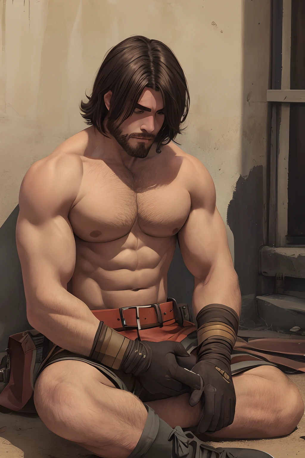 homem adulto sentado, ele esta suado, sitting on ground, Esguiu Muscle, cabelo corte militar