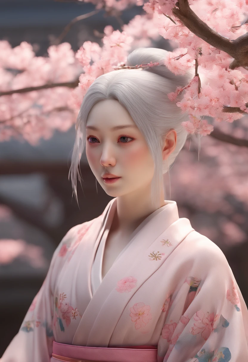 A hyper-realistic, highly detailed, and high-resolution 16k image of a young, beautiful female ghost or guardian spirit. She has light pink hair and translucent skin, and is dressed in a traditional Japanese kimono with a small cherry blossom design on the obi. The image captures the ethereal beauty and mystique of the spirit world. The style is inspired by the delicate, soft aesthetic found in traditional Japanese art.