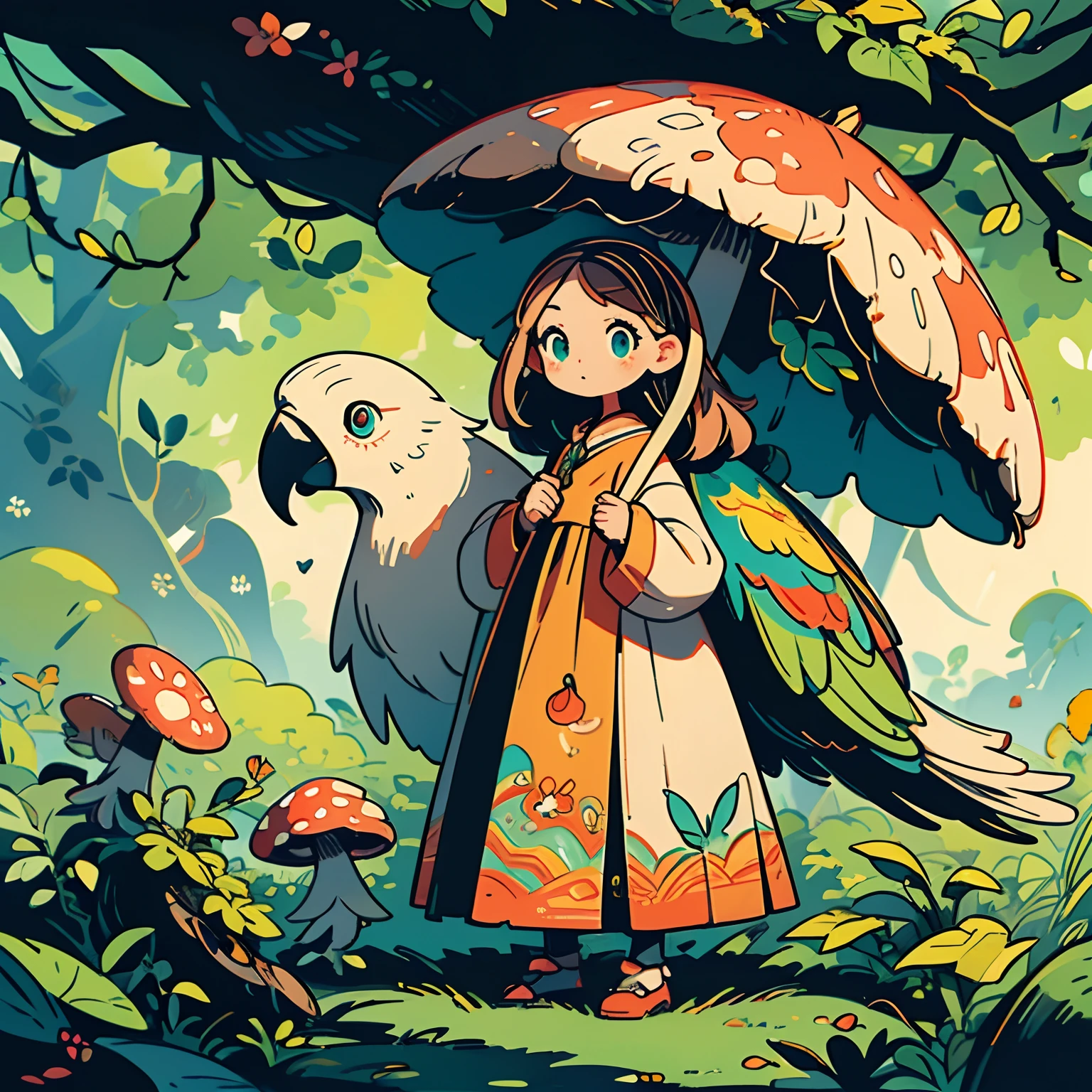 (best quality, high-resolution, ultra-detailed, photorealistic:1.2), Illustrated style, A colorful forest with mushrooms, A girl holding a large mushroom like an umbrella, Beautiful detailed face, A parrot or cockatoo perching on a mushroom, Peaceful atmosphere, Flowing long hair of a beautiful girl, Wearing a dress, Enchanting sunlight in the magical forest, Soft shadows, Vivid colors, Whimsical, Warm color palette, Harmonious lighting