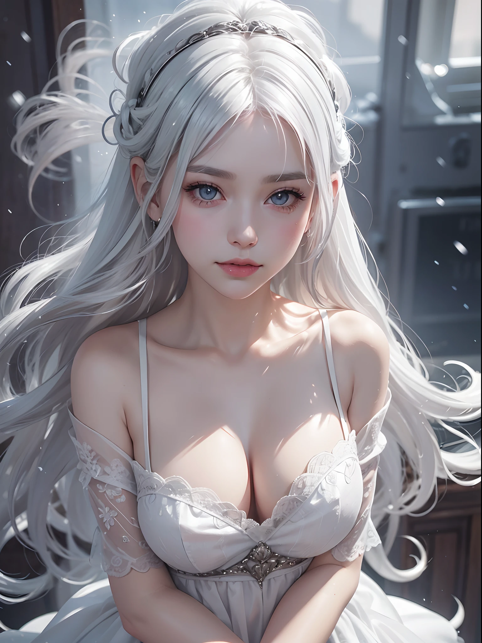 Platinum Blonde Fine Hair、(silver-white hair:1.5), (snow-white hair:1.1), (silver eyes:1.1), Super long silky straight hair, Bangs on the face and eyes, (Gray big eyes:1.1), Sheer White And Wet Nightgown Snow White Summer Dress, Nordic Youth, Perfect bodies, Very nice and cute, White muscles, Glowy skin, Youthful and beautiful skin, Perfect Beautiful Face Makeup, thin pink lips, Vivid expression、1 -yeld gi advertisement, Misleading、{Smoke}、Viewer's vision, The perspective of a bokeh atmosphere, more detailed, cinema light, intricately-detailed, hight resolution, Detailed features of the face design, High Details, Clear Focus, smoothness, aesthetics, printed, octans, {{tmasterpiece}}.